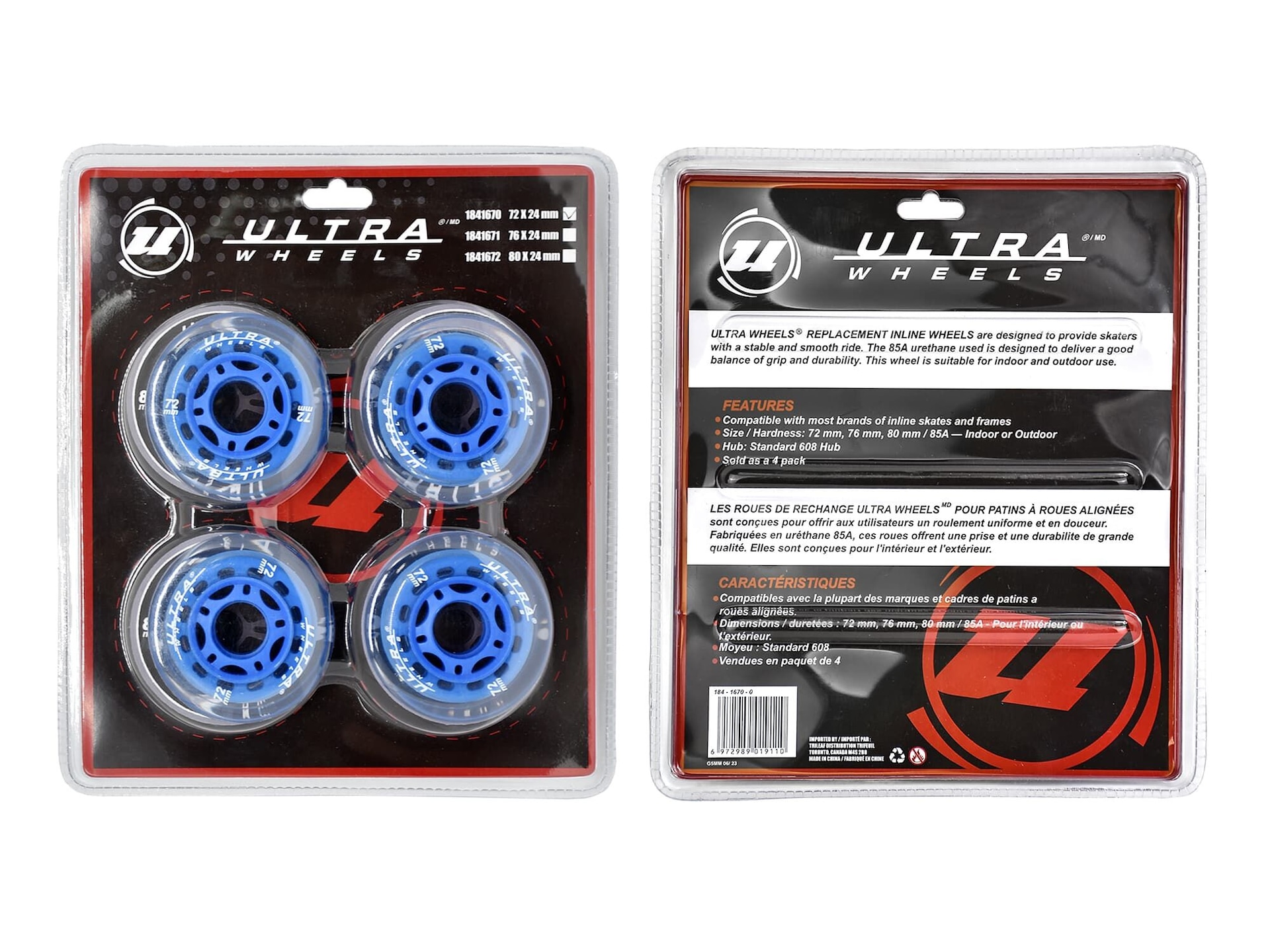Ultra Wheels Inline Skates Replacement Wheels, Assorted Sizes, Blue, 4