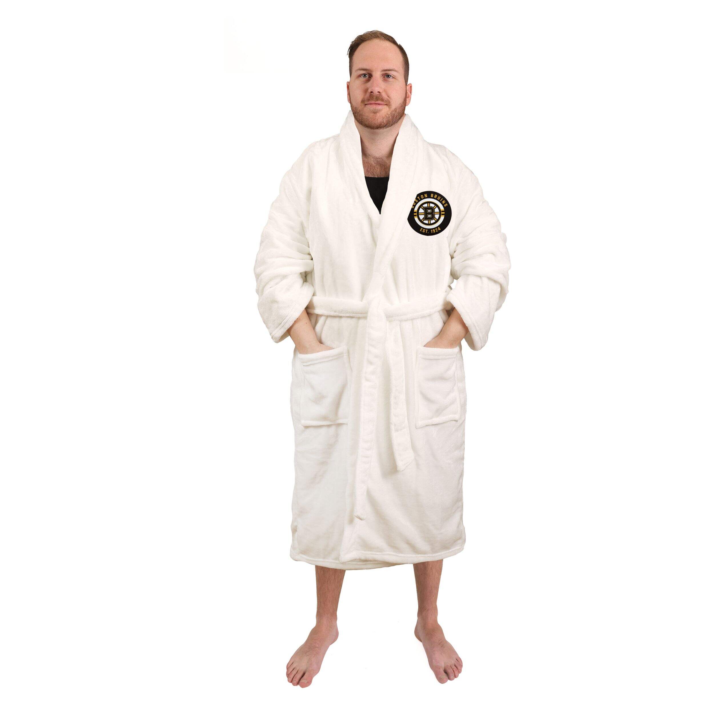NHL Boston Bruins Bathrobe, Adult, White, One Size Front_Flat
