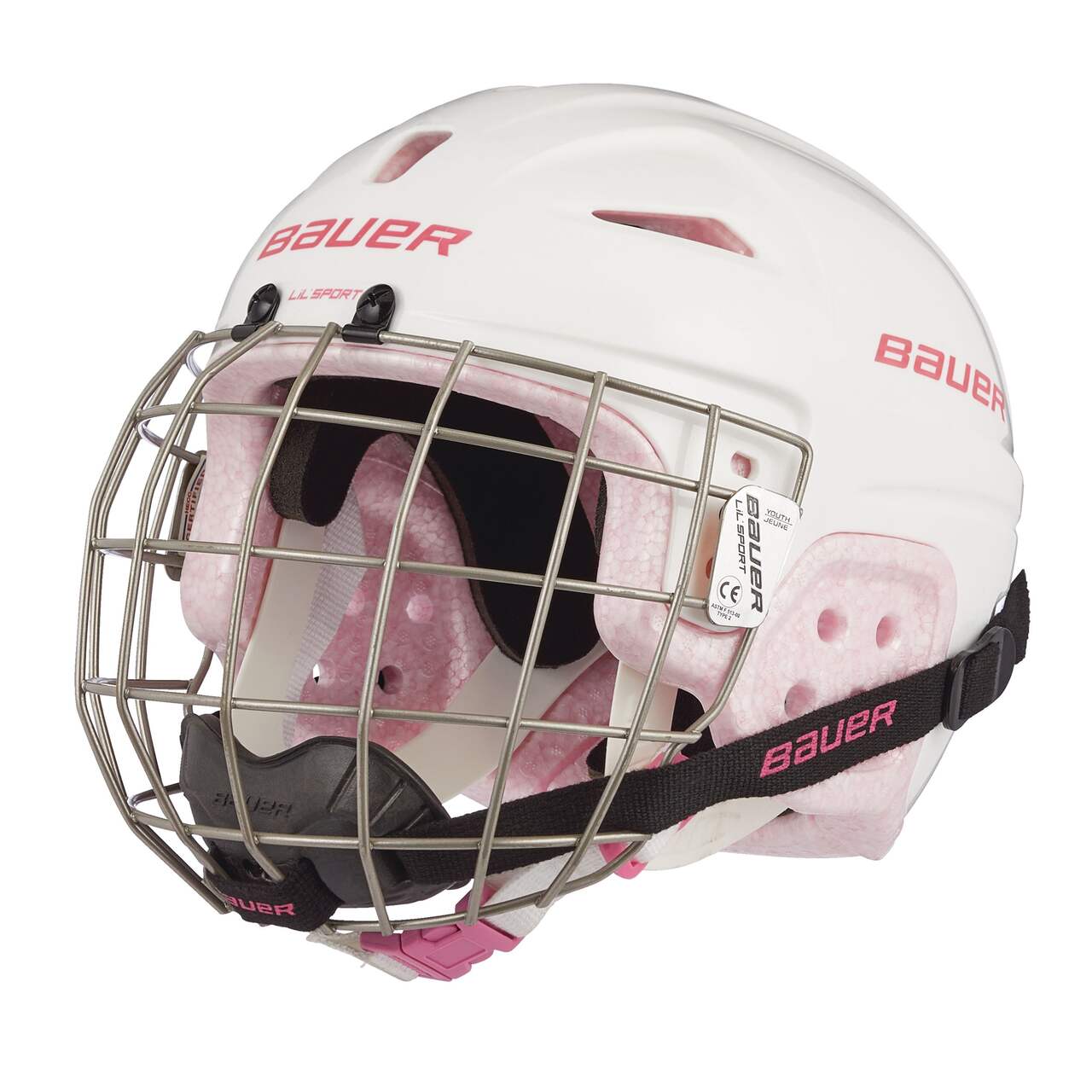 Bauer Lil' Sport Hockey Helmet & Cage Combo, Youth, White & Pink Front_Three_Fourths_Angled_Left