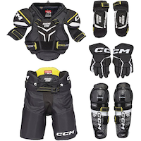 CCM Rising Star Elite Hockey Protective Kit, Youth, Black/White/Yellow, Assorted Sizes