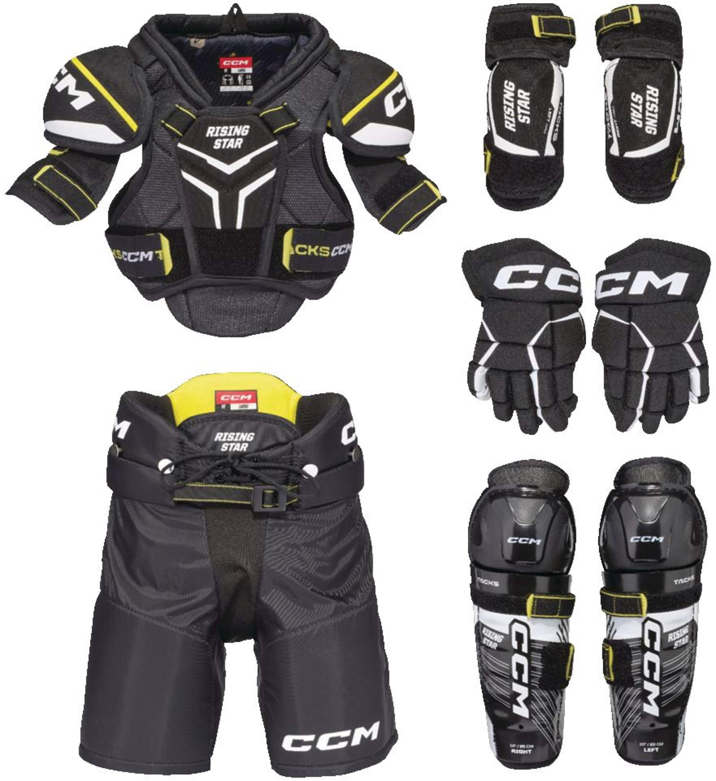 CCM Rising Star Elite Hockey Protective Kit, Youth, Black/White/Yellow 