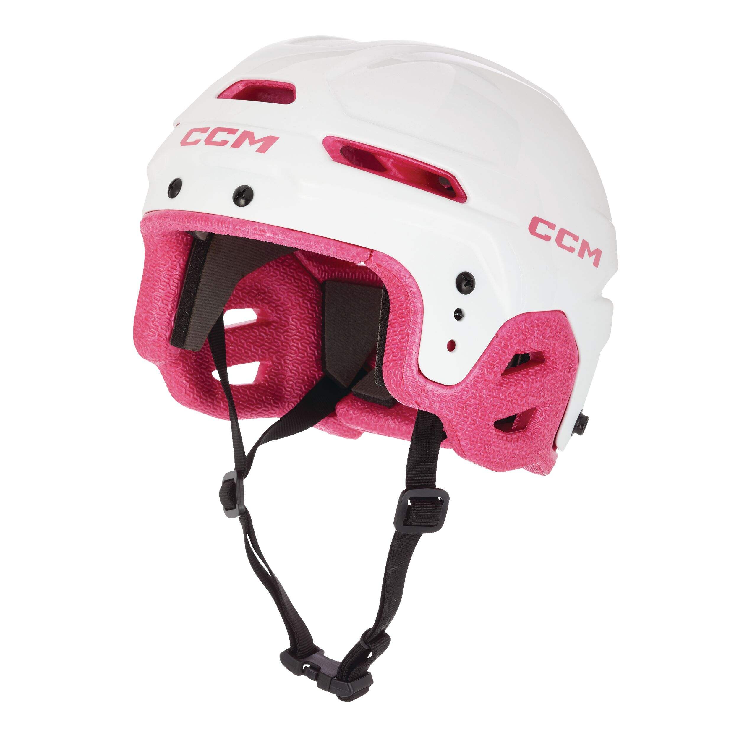 CCM Multi-Sport Hockey Helmet, Youth, White/Pink Front_Three_Fourths_Angled_Left