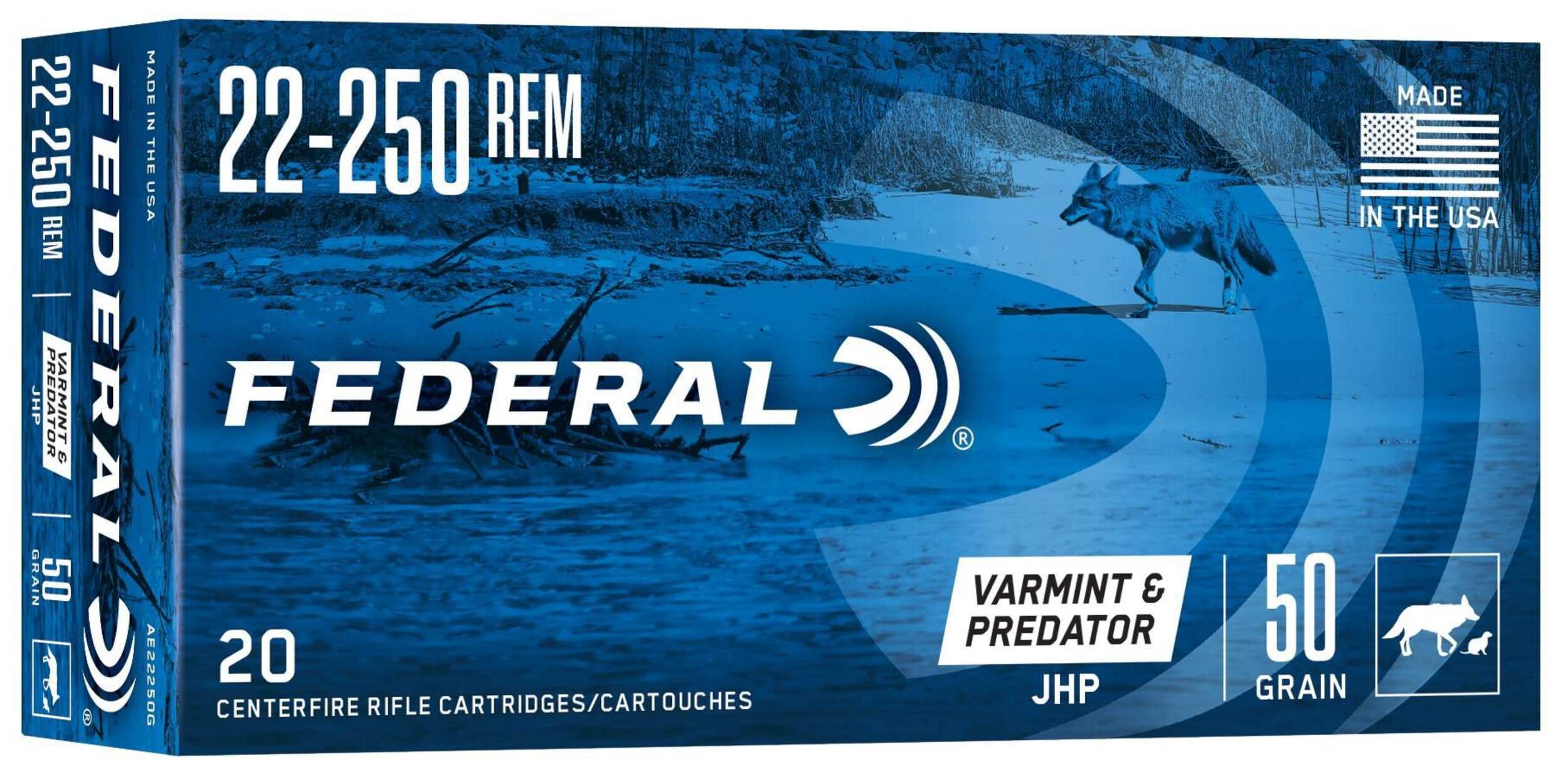 Federal American Eagle 22-250 Ammunition Front_Angled_Right