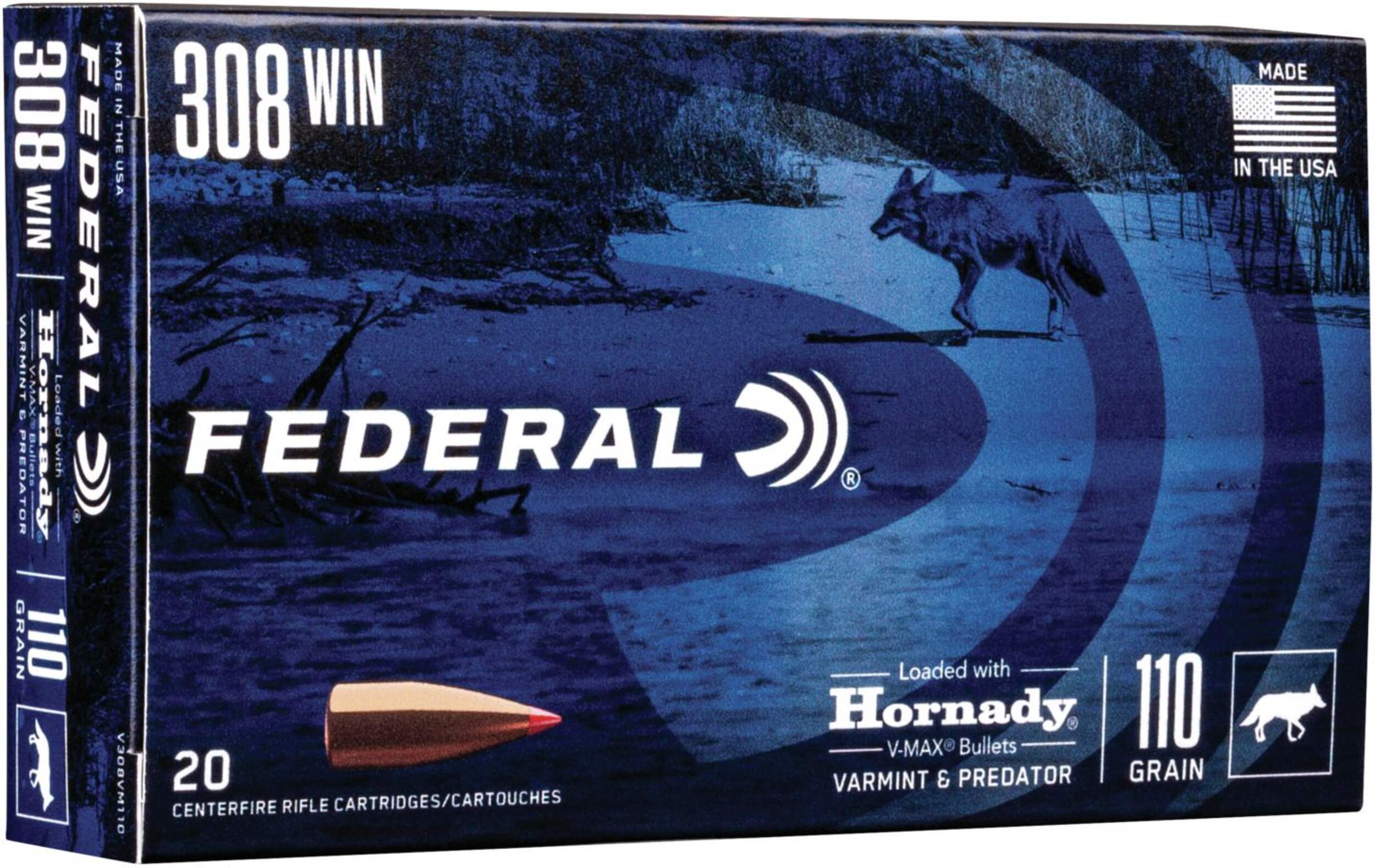 Federal Varmint 308 Winchester 110 Grain Hornady V-Max Cartridge Front_Angled_Right