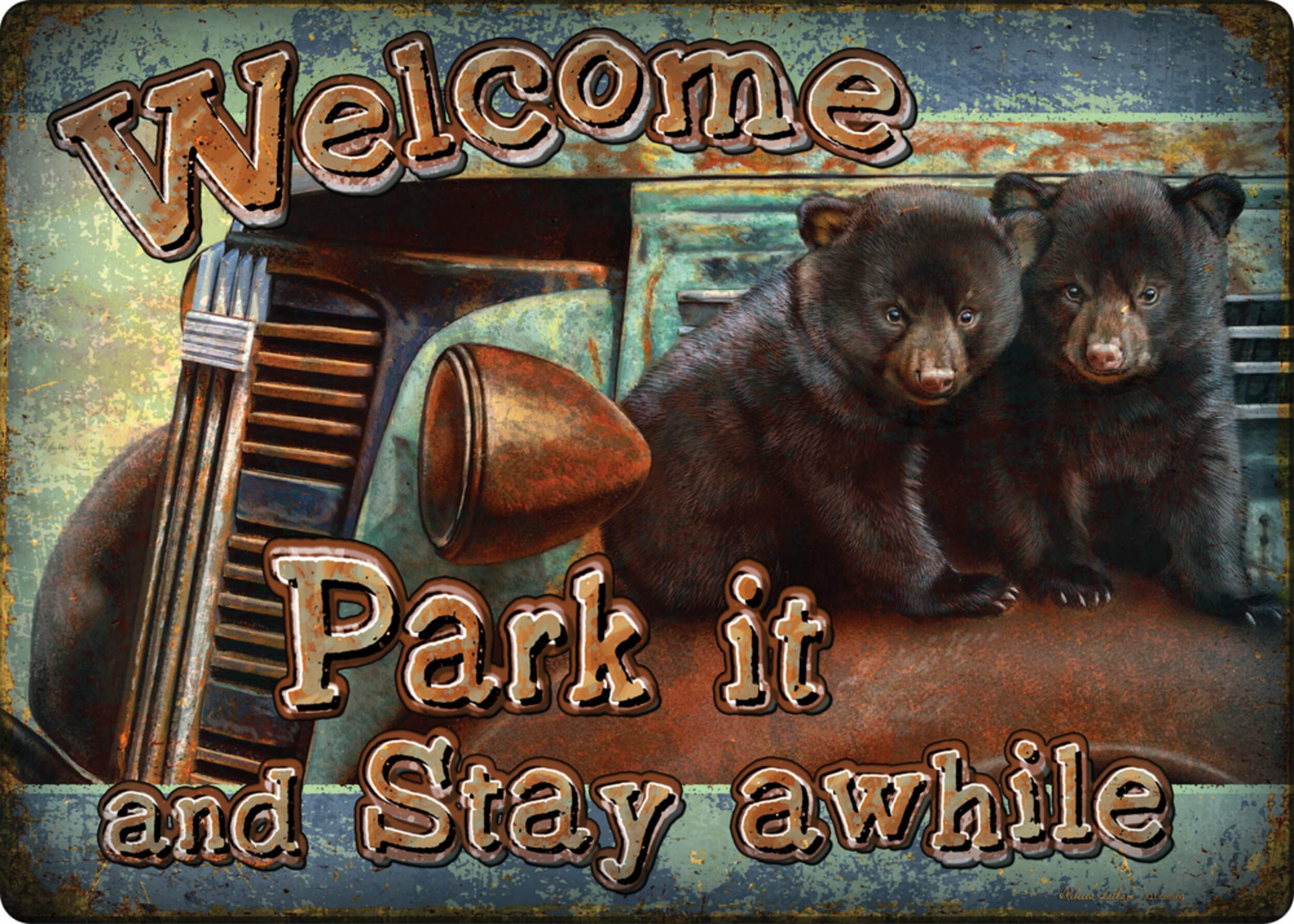 Plaque en étain RIVERS EDGE «&nbsp;Welcome Park it and Stay Awhile&nbsp;», 12 x 17 po Front_Flat