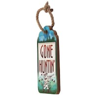 Open Road Brands Hanging Wood "Gone Hunting" Decorative Sign with Natural Rope, Blue Front_Three_Fourths_Angled_Left