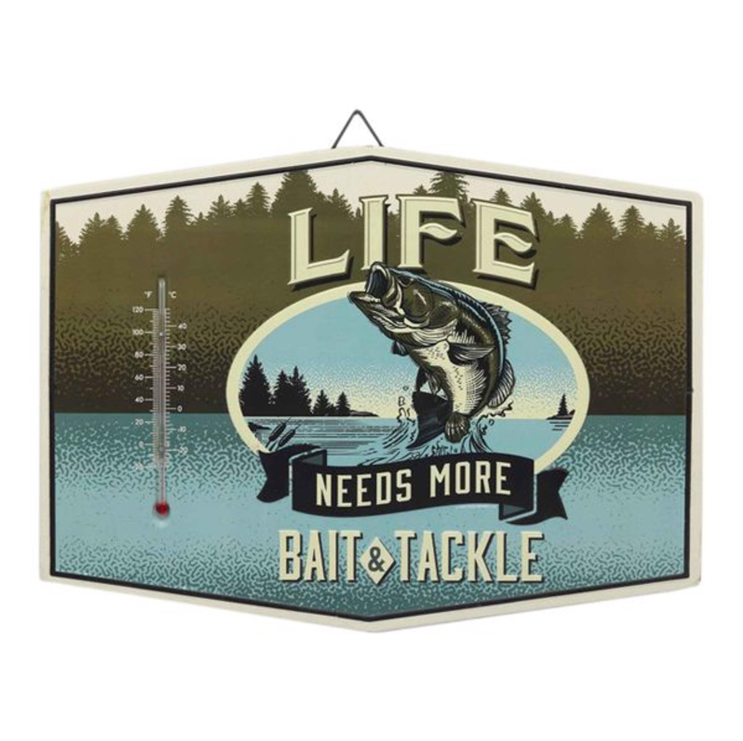 Open Road Brands "Life Needs More Bait & Tackle" Decorative Thermometer Sign, Blue Front_Flat