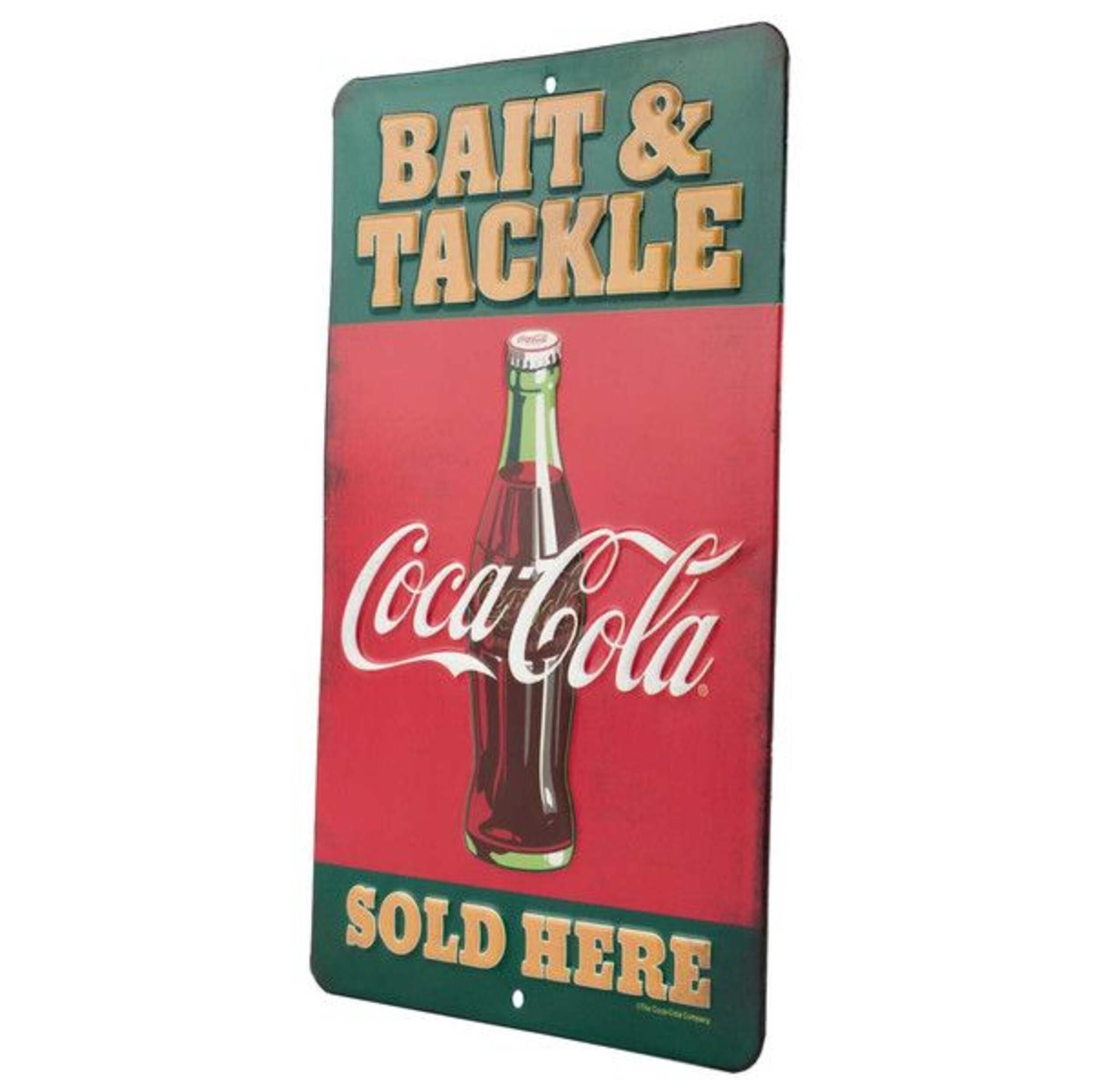 Open Road Brands Die Cut Embossed Tin Coke "Bait And Tackle Sold Here" Sign, Red Front_Three_Fourths_Angled_Left