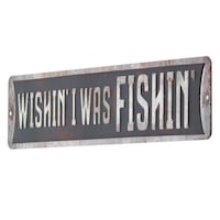 Open Road Brands "Wishing I Was Fishing" Embossed Decorative Tin Sign, Black Front_Three_Fourths_Angled_Left