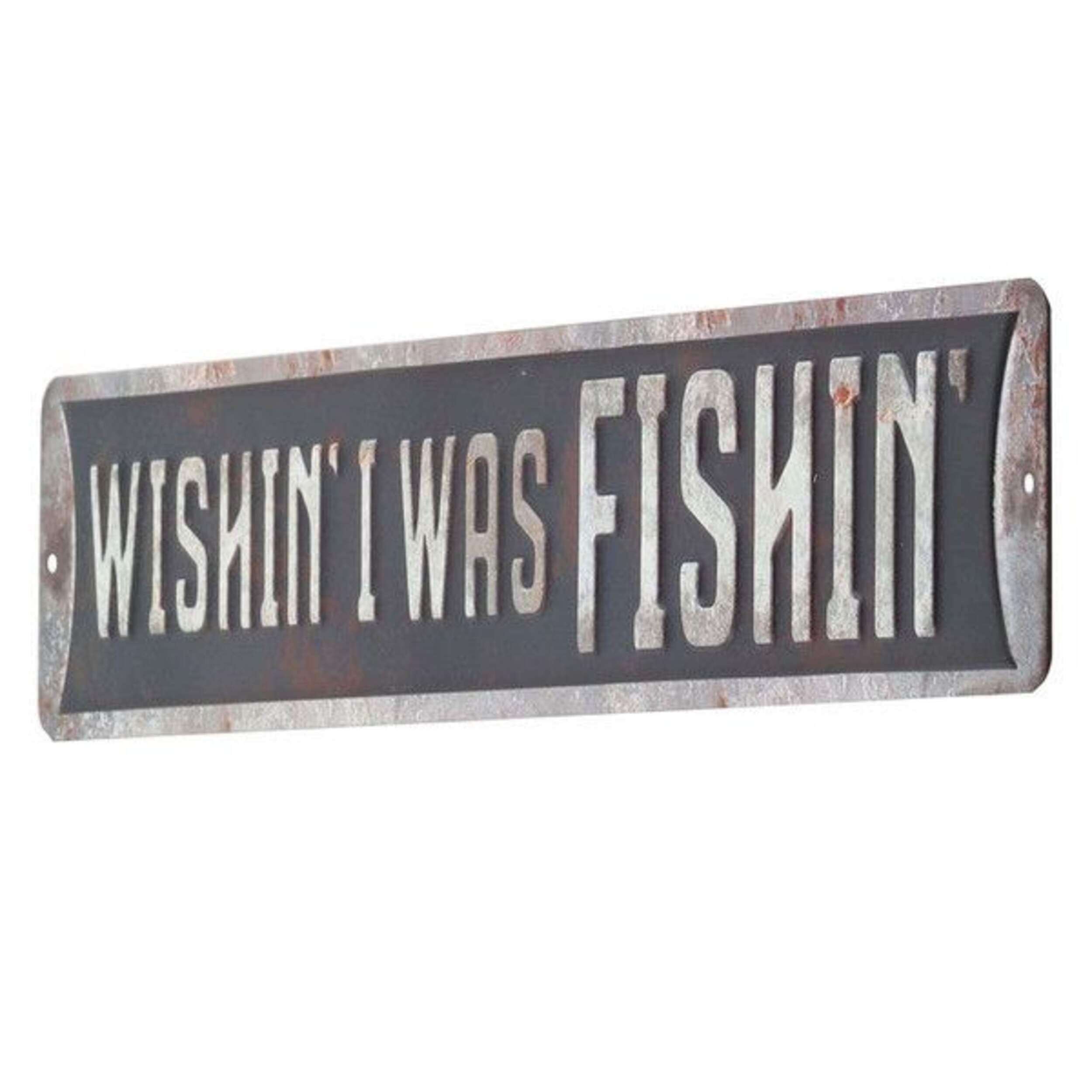 Open Road Brands "Wishing I Was Fishing" Embossed Decorative Tin Sign, Black Front_Three_Fourths_Angled_Left