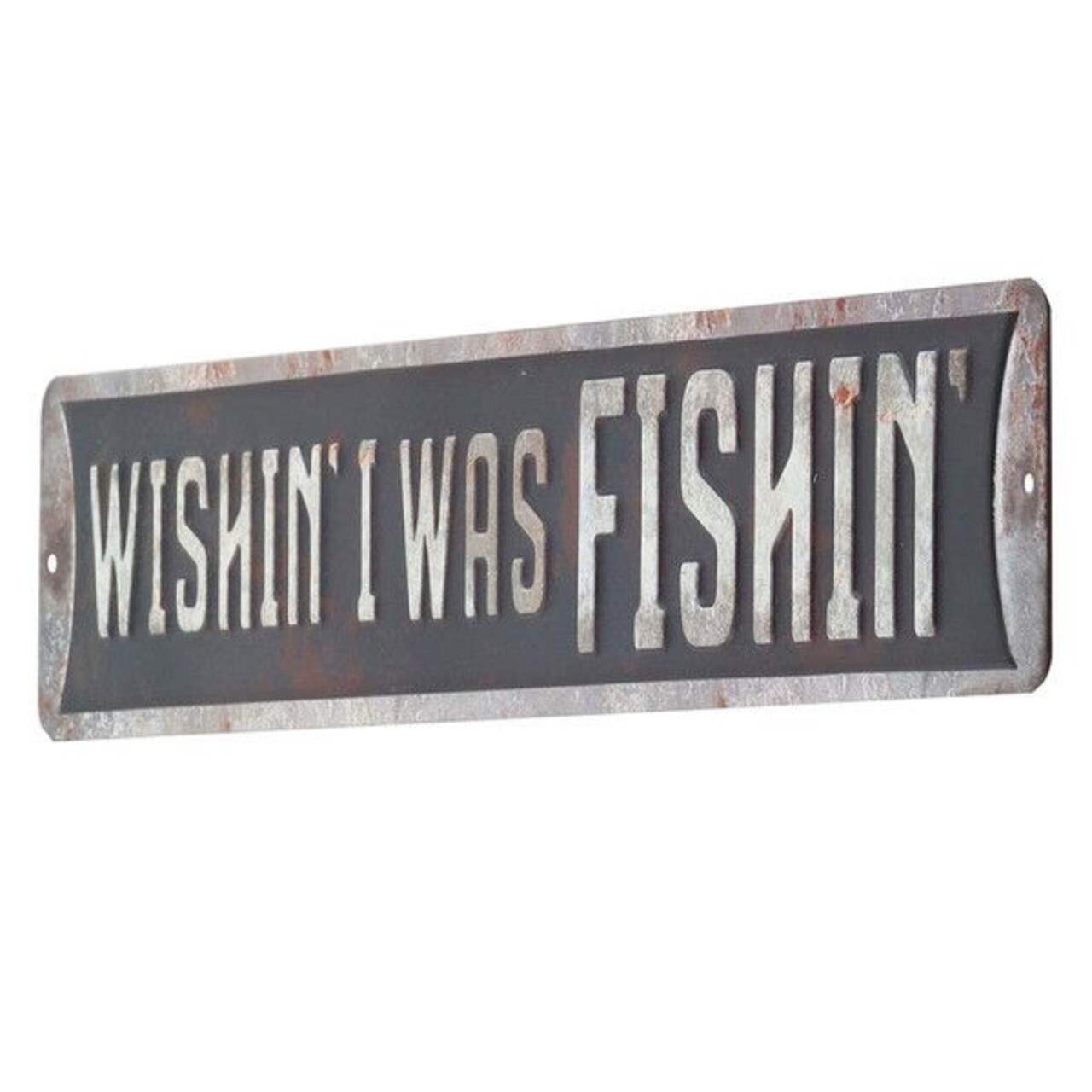 Open Road Brands Wishing I Was Fishing Embossed Decorative Tin Sign,  Black