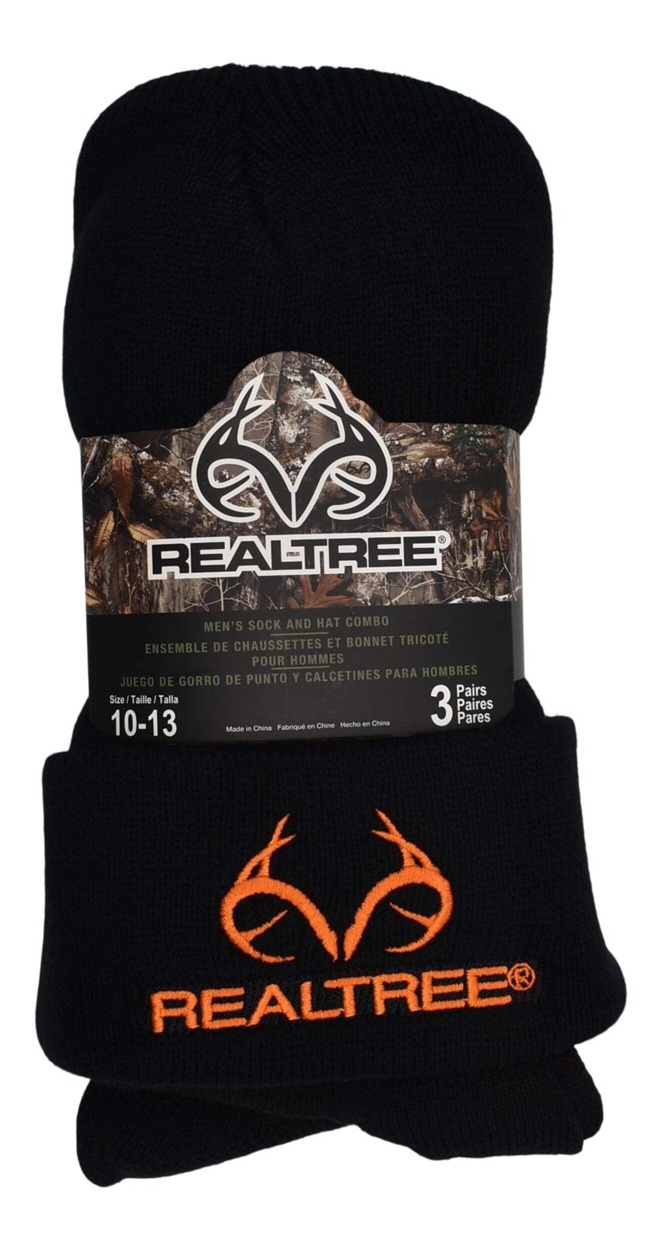 Tuque et chaussettes en tricot RealTree pour hiver/chasse/pêche/randonnée, taille unique, noir, paq. 4 Front_Flat