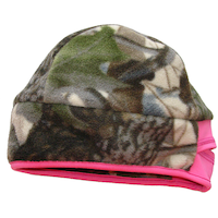 Hot Shot Women's Warm Polar Fleece Reversible Hunting Hat, Camo/Pink Front_Angled_Right