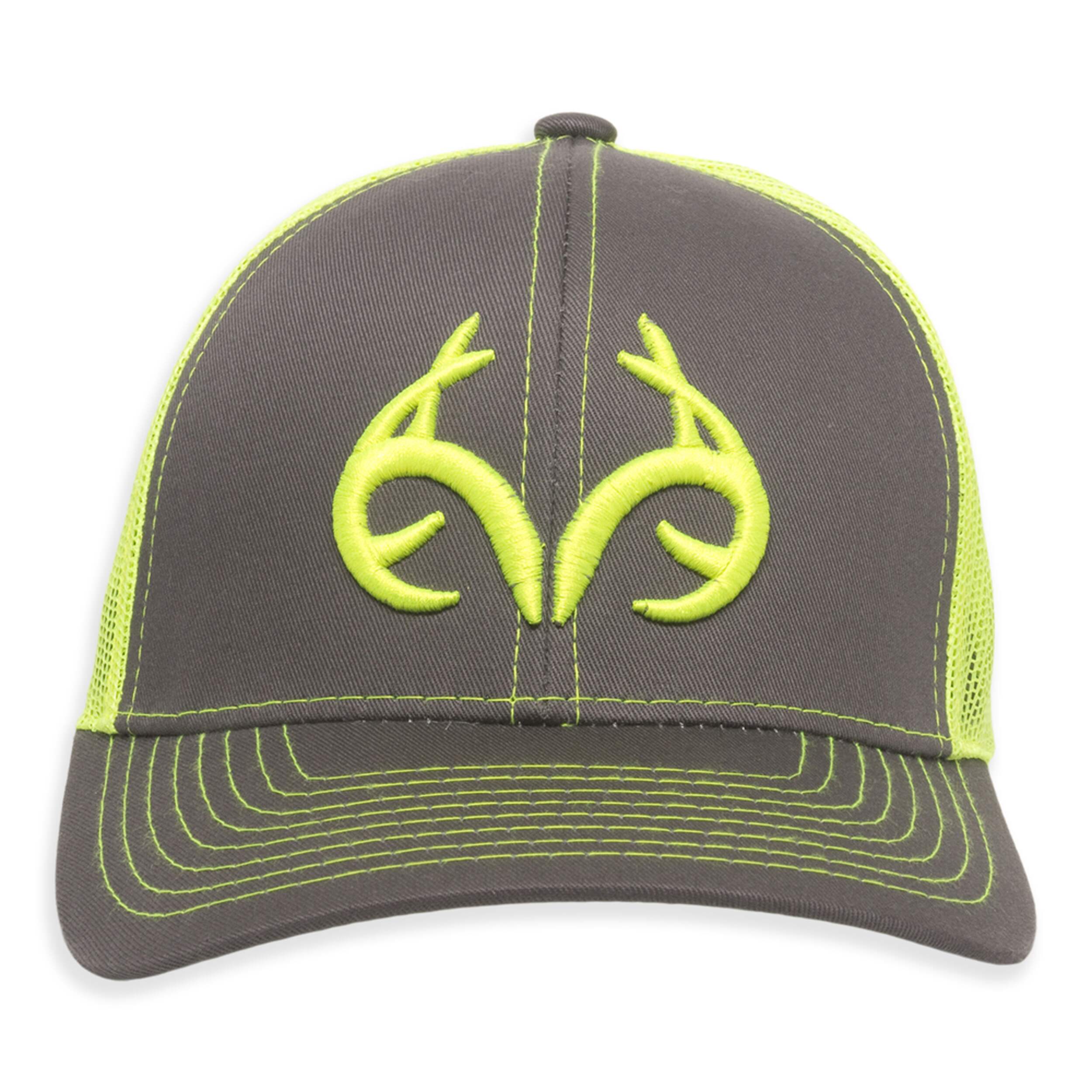 Casquette de baseball à dos en filet de chasse avec fermeture réglable, logo Realtree, gris/jaune fluorescent Front_Flat