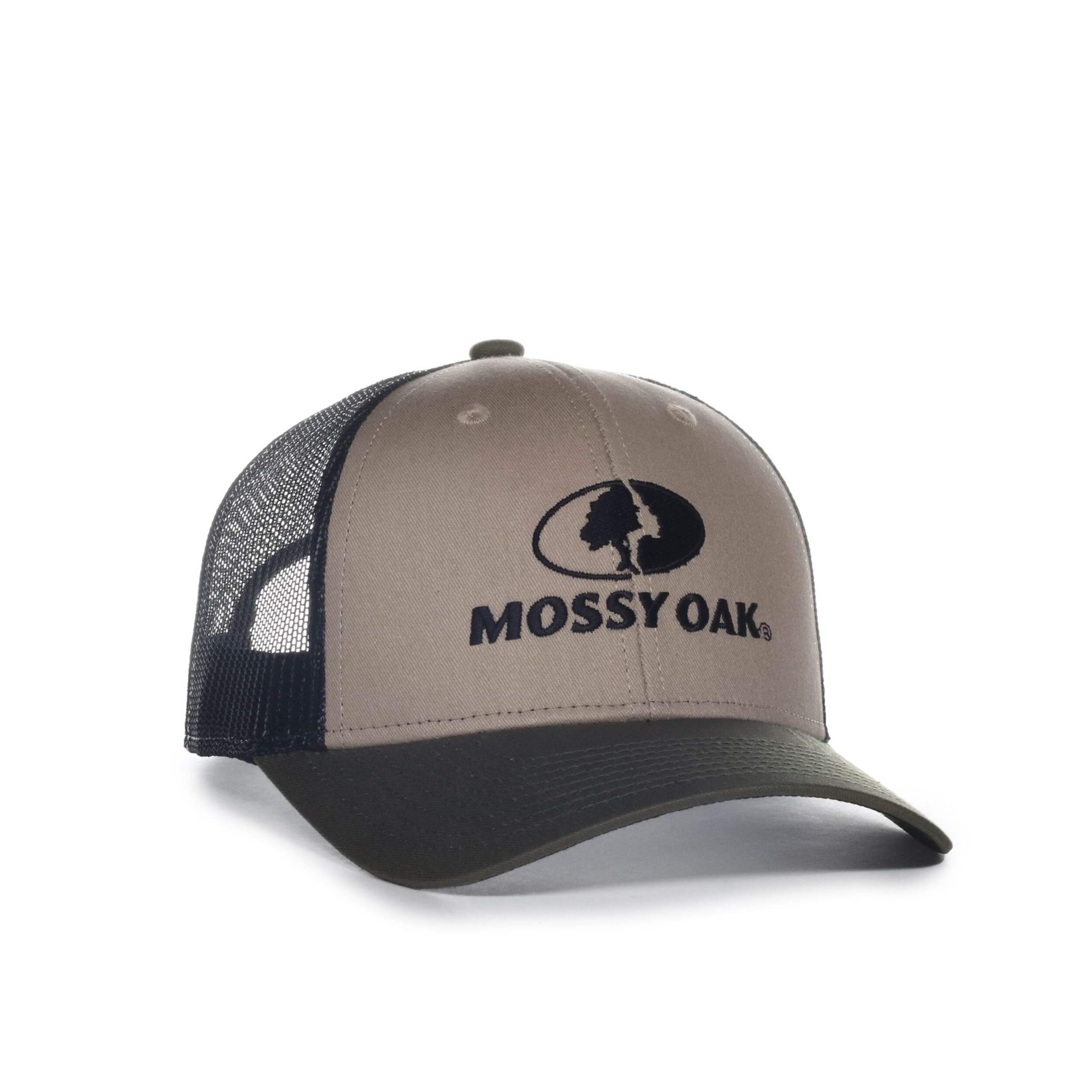 Mossy Oak Tan Flat Stitch Logo Hunting Mesh Back Baseball Cap with Snap Closure, One Size Front_Three_Fourths_Angled_Right