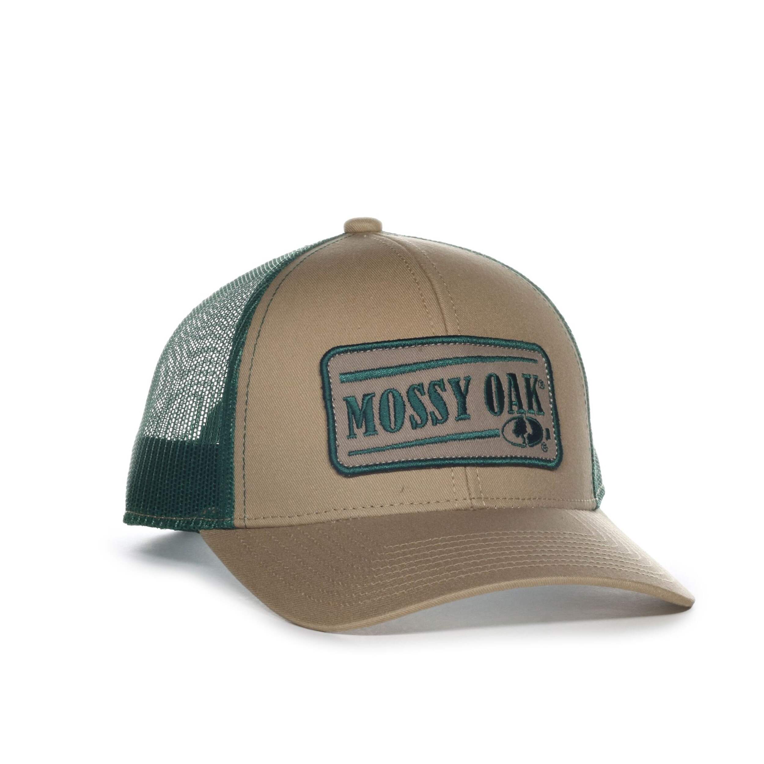 Mossy Oak Green Mesh Baseball Cap with Snap Closure, Cotton/Polyester, Tan/Gold Front_Three_Fourths_Angled_Right