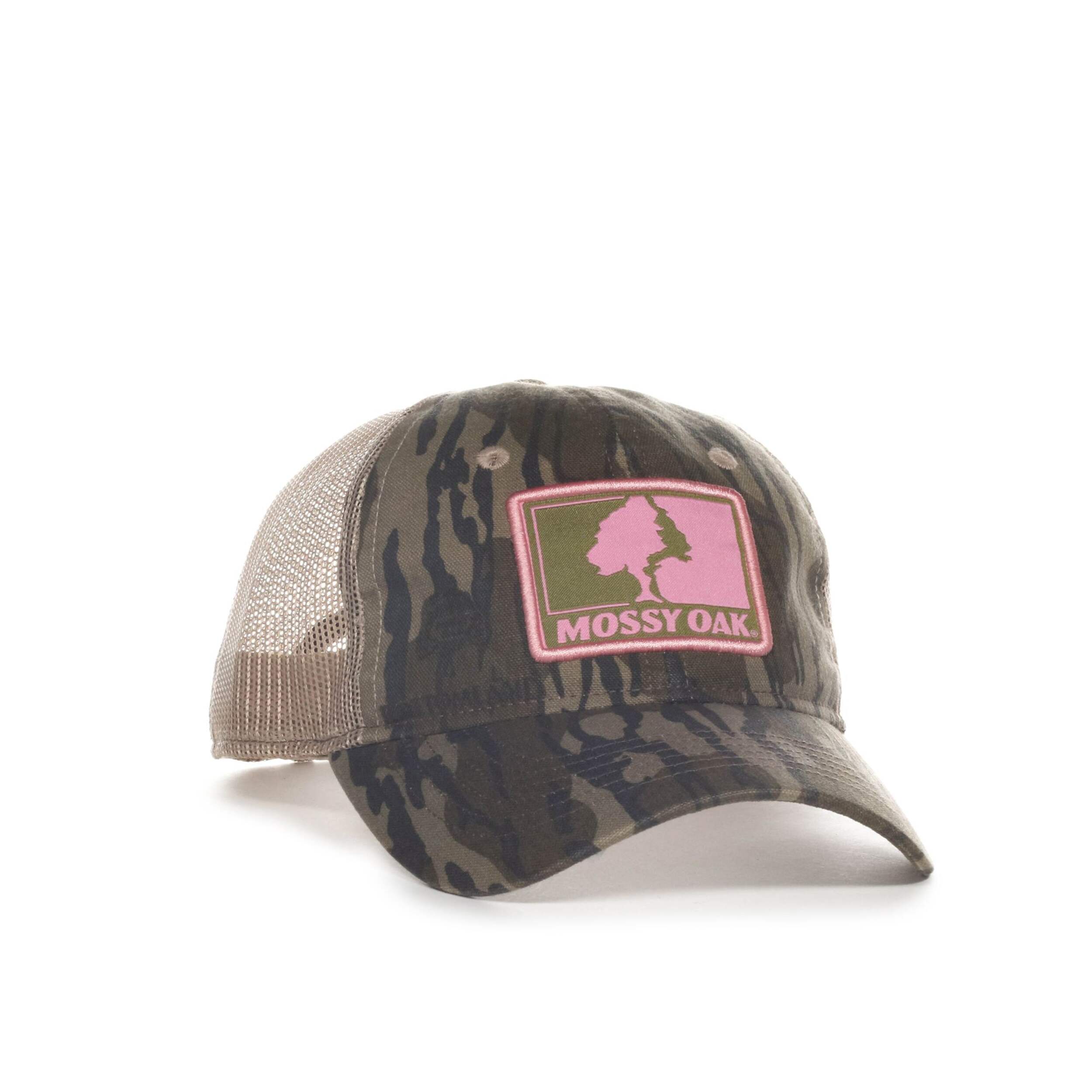 Casquette de baseball à dos en filet havane Mossy Oak Bottomlands, femmes, logo rose, avec fermeture à bouton-pression, taille unique Front_Three_Fourths_Angled_Right