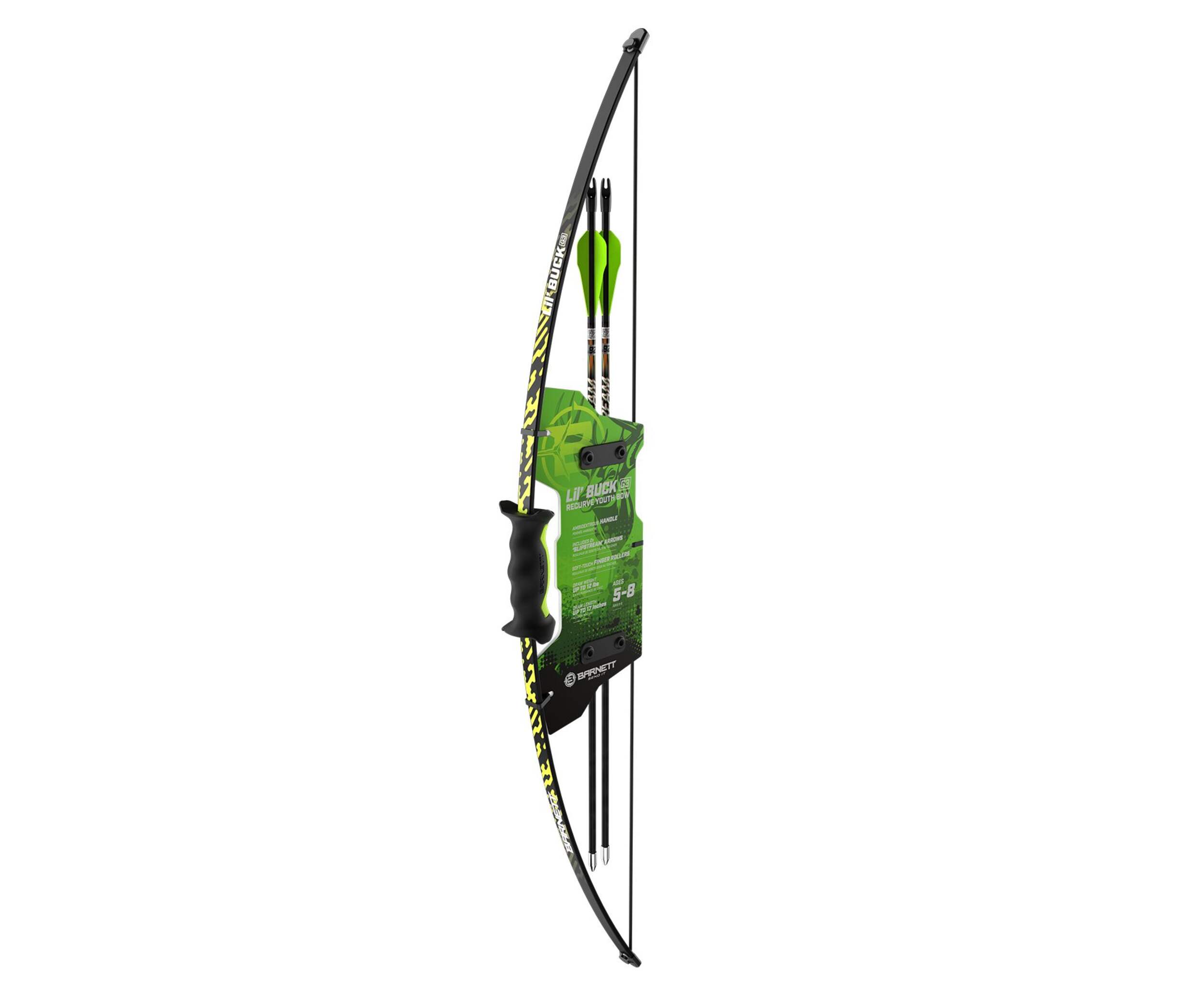 Barnett Youth Kids' Lil Buck G3 Green Recurve Bow Combo with Arrows, Ambidextrous Riser Design, Ages 5-8 Front_Three_Fourths_Angled_Left