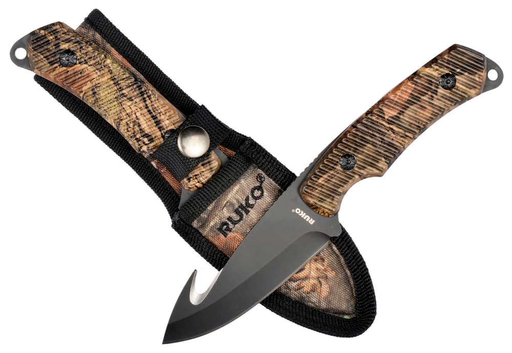 Mossy Oak Fixed Blade Gut Hook Knife, 9.5-inch Full Tang Field Processing  Knife - Wooden Handle, Leather Sheath Included, for Skinning, Hunting,  Outdoors 