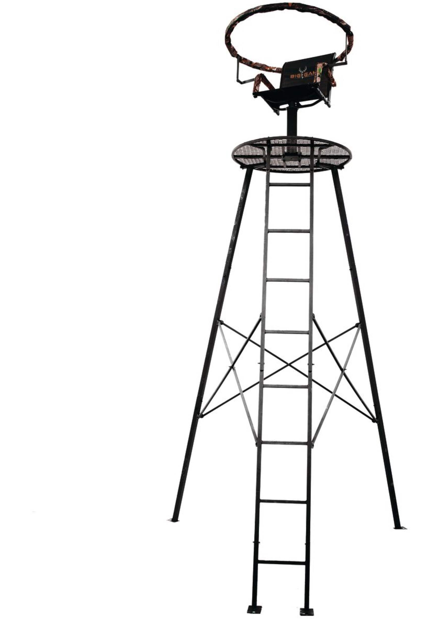 Big Game APex 1-Person Ladder TriPod Tree Stand w/ Swivel Seat & Shooting Rail, For Hunting, 13-ft Front_Elevated