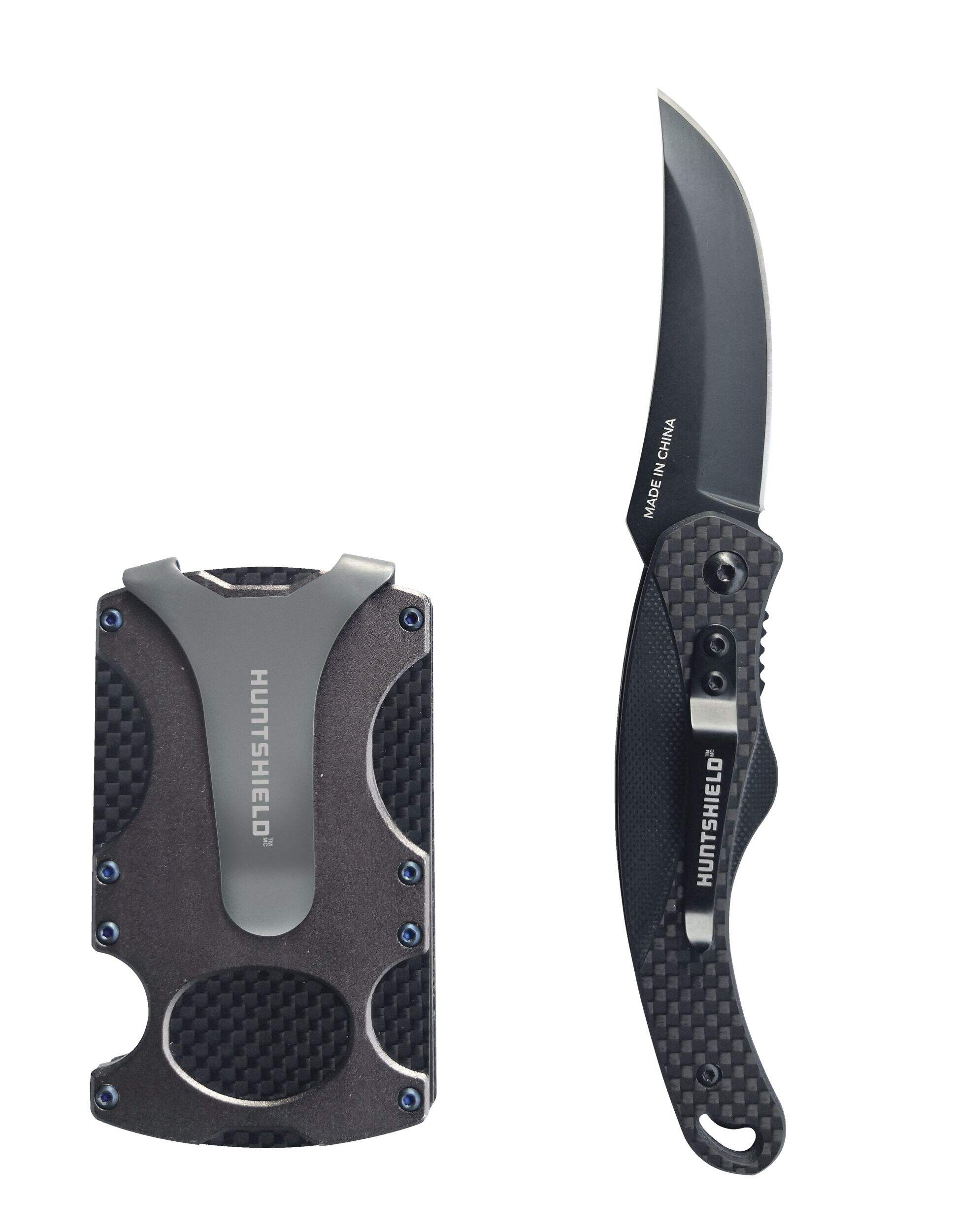 Huntshield Carbon Fibre 8-Credit Card Holder & Knife Combo, Black Front_Flat