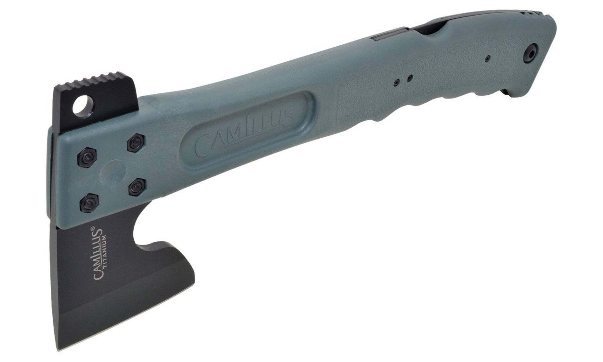 Camillus CAMTRAX Titanium Stainless Steel 3-in-1 Hatchet w/ Sheath,12-in (30 cm). Grey Front_Angled_Left