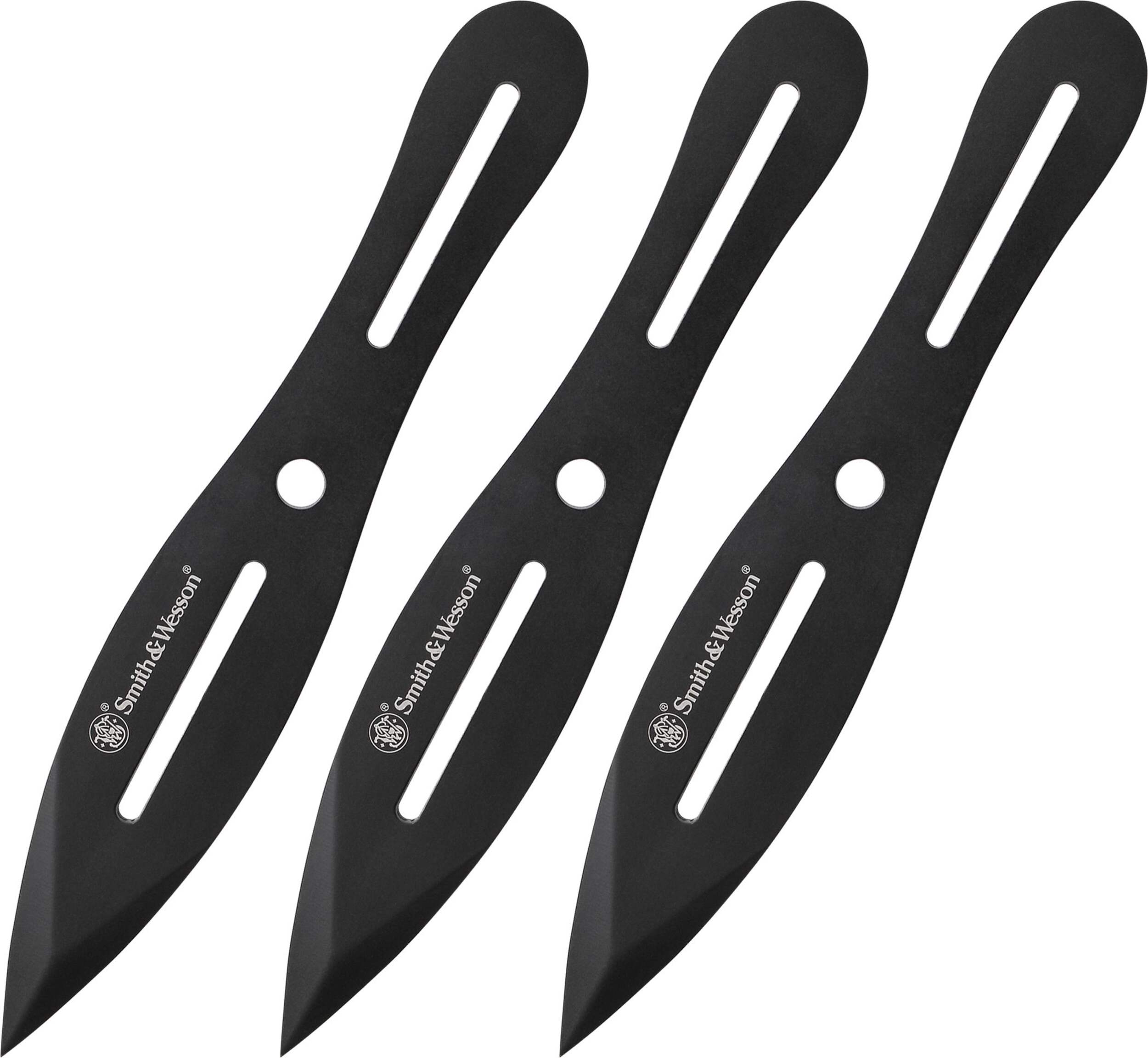 Smith & Wesson® Bullseye Throwing Knives w/ Sheath, 8-in, Black, 3-pk Front_Angled_Left