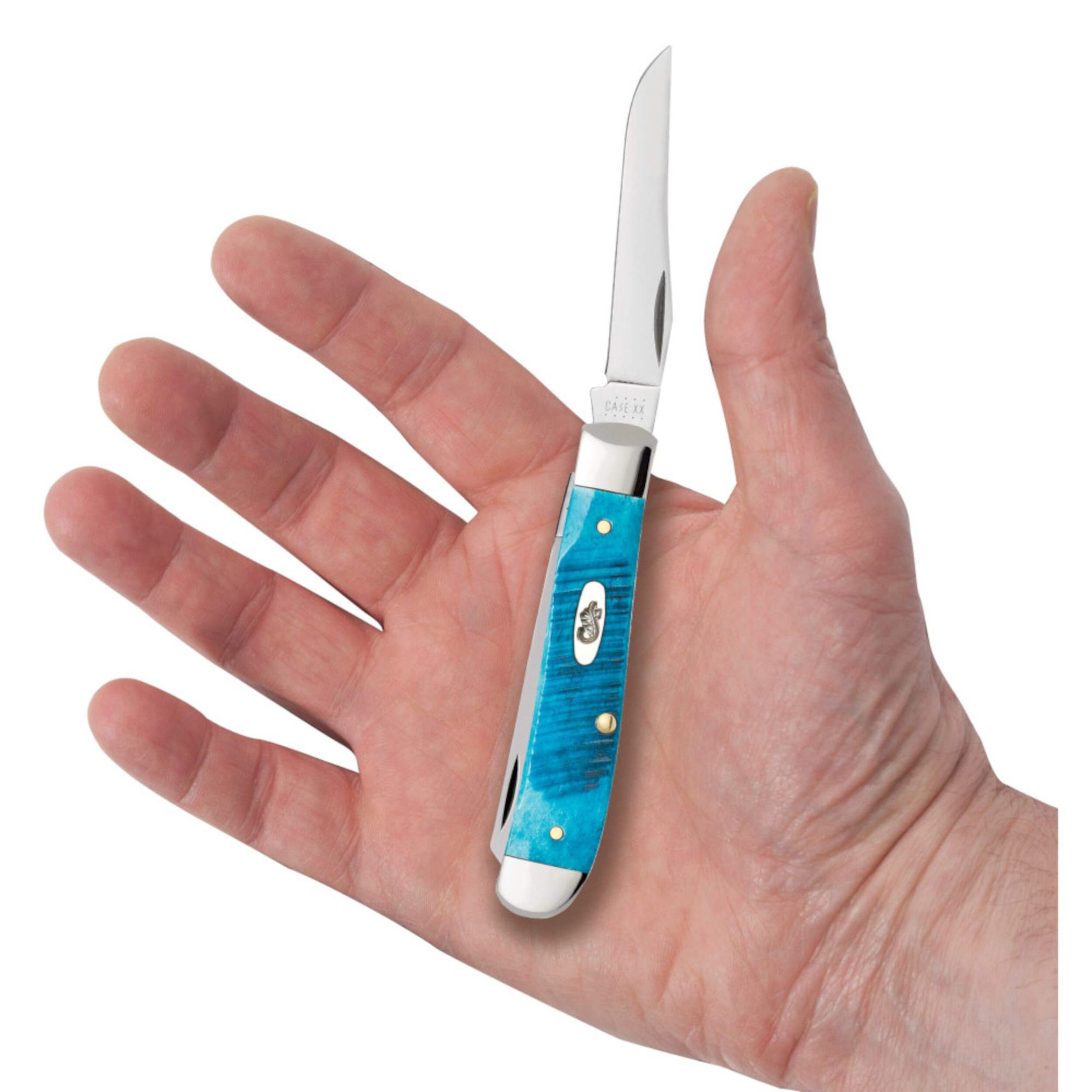 Case Sawcut Jig Caribbean Blue Bone Mini Trapper Knife with Clip & Spey Blades Front_Flat