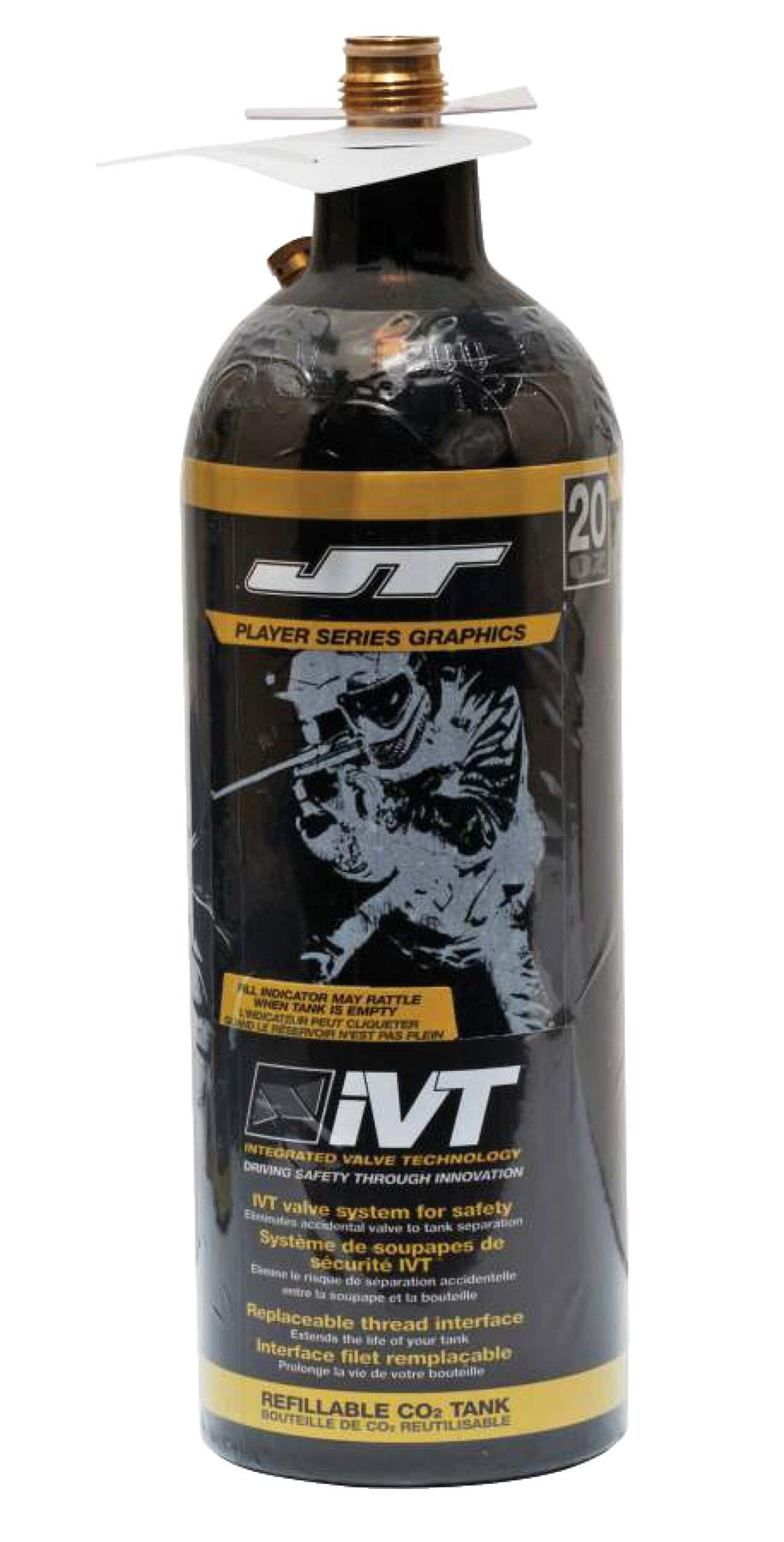 JT Paintball Refillable CO2 Cylinder with Fill Indicator, 20-oz Front_Elevated