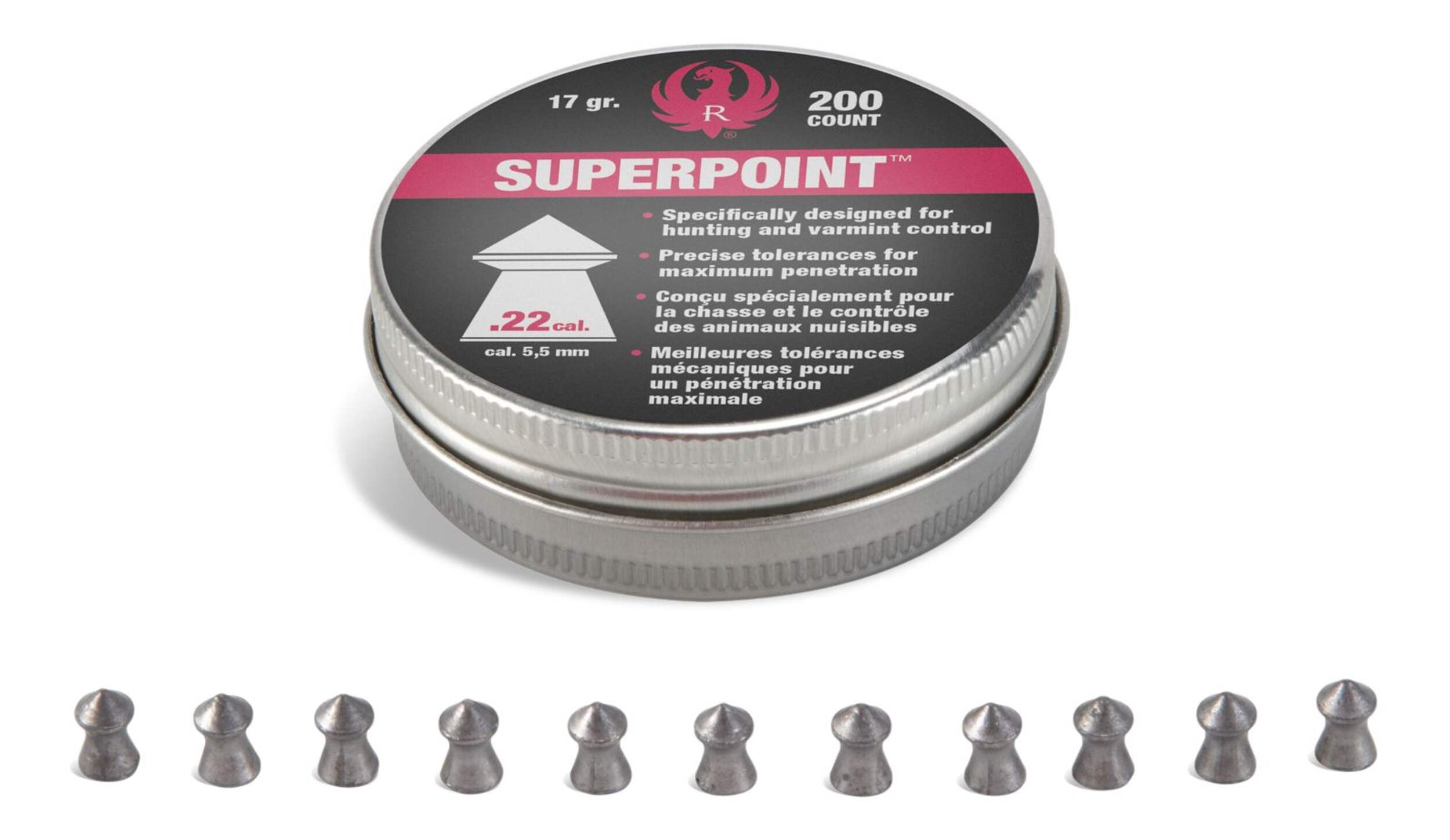Plombs Ruger de calibre&nbsp;.22, emballage coque, pour carabines à air comprimé, 200&nbsp;pièces Front_Elevated