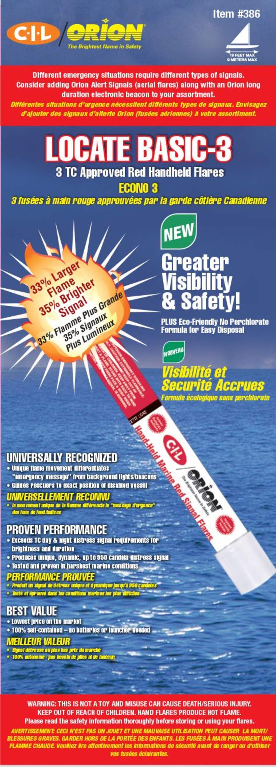 CIL Orion Locate Basic-3 Approved Marine Red Handheld Signal Flares, Non-Percholate, 3-pk Front_Flat