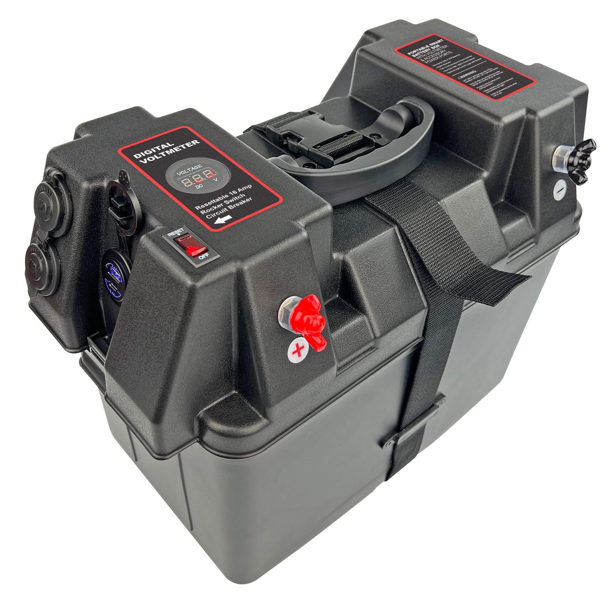 Invincible Marine Battery Box Power Station with Charge Indicator, Black Front_Three_Fourths_Angled_Right