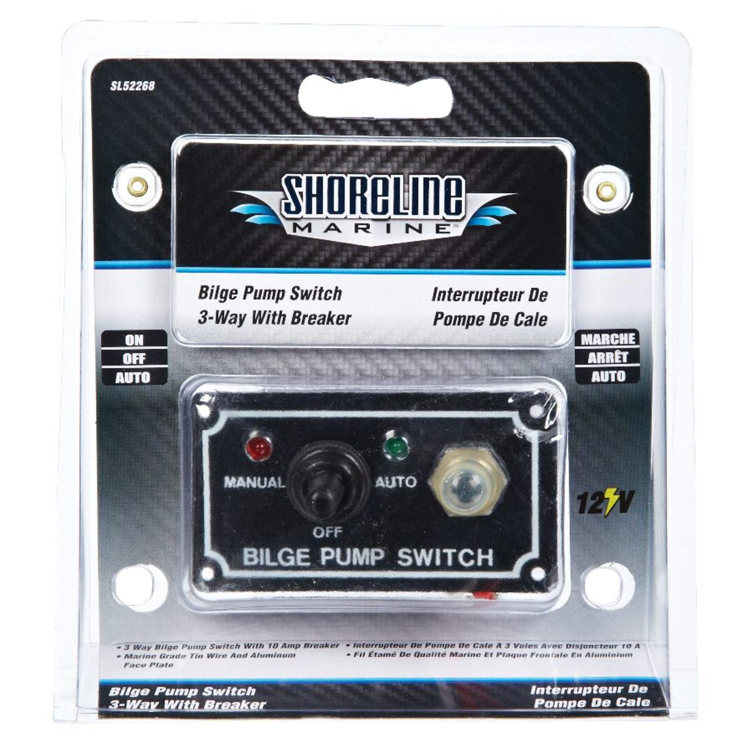 Panneau d'interrupteur de pompe de cale automatique 3 voies Invincible Marine avec disjoncteur de 10 A Front_Flat