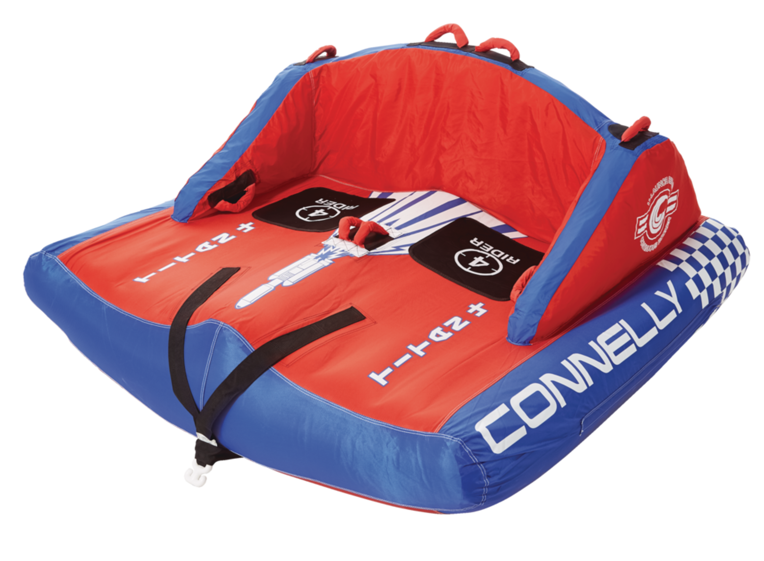 Connelly Titan 4 Air-Pump Inflatable Water Boating 4-Rider Towable Tube, Red/Blue Front_Angled_Left
