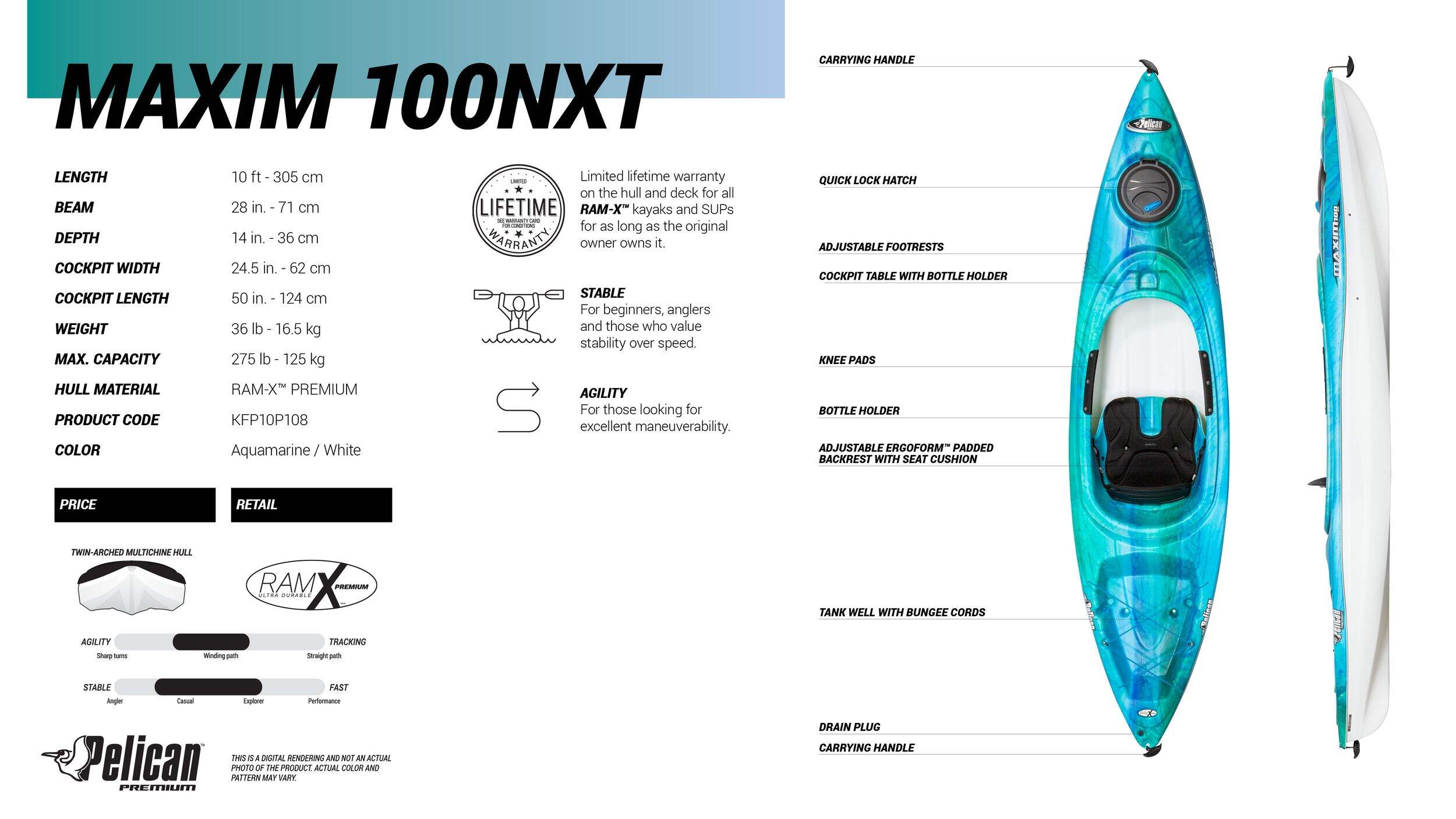 Pelican Maxim 100NXT Sitin 1Person Kayak, Aquamarine/White, 10ft