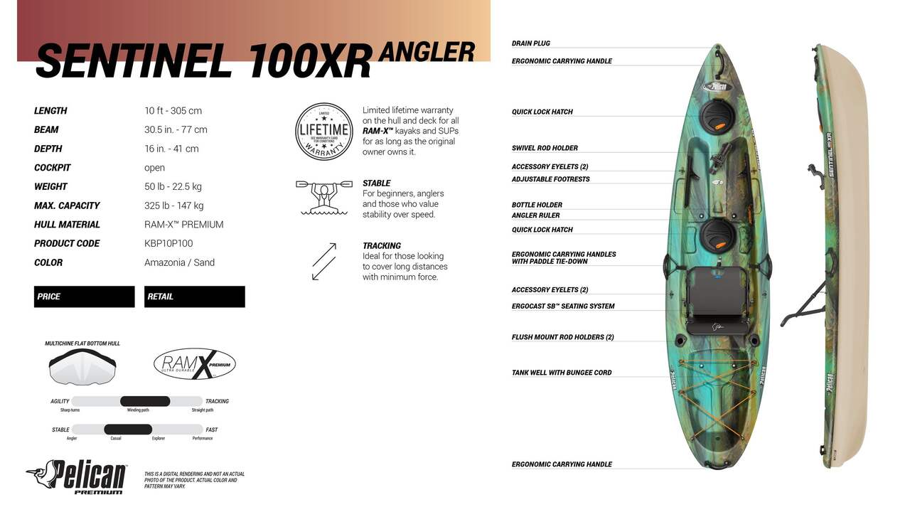 Pelican Sentinel 100XR Angler Fishing 1-Person Kayak, ia/Sand, 10-ft