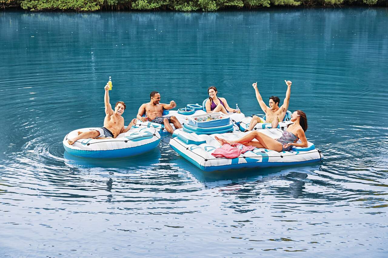 Outbound Inflatable Floating River/Lake Connectable Multiple-Person Party  Raft w/Cooler, White/Blue