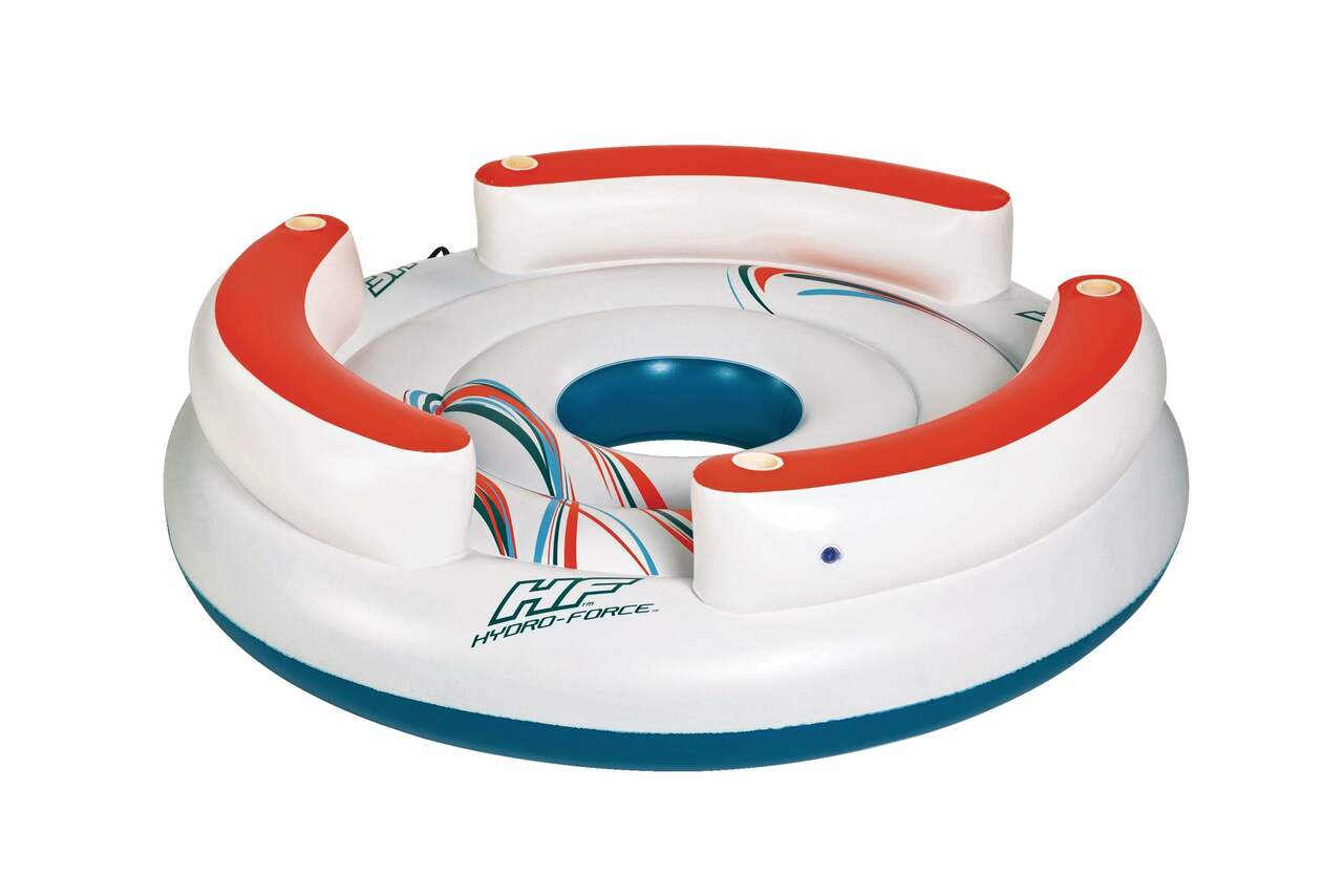 HydroForce™ Lazy Dayz Inflatable Floating River/Lake 6-Person Party Island  w/Cupholders & Back Rest, White/Orange/Blue