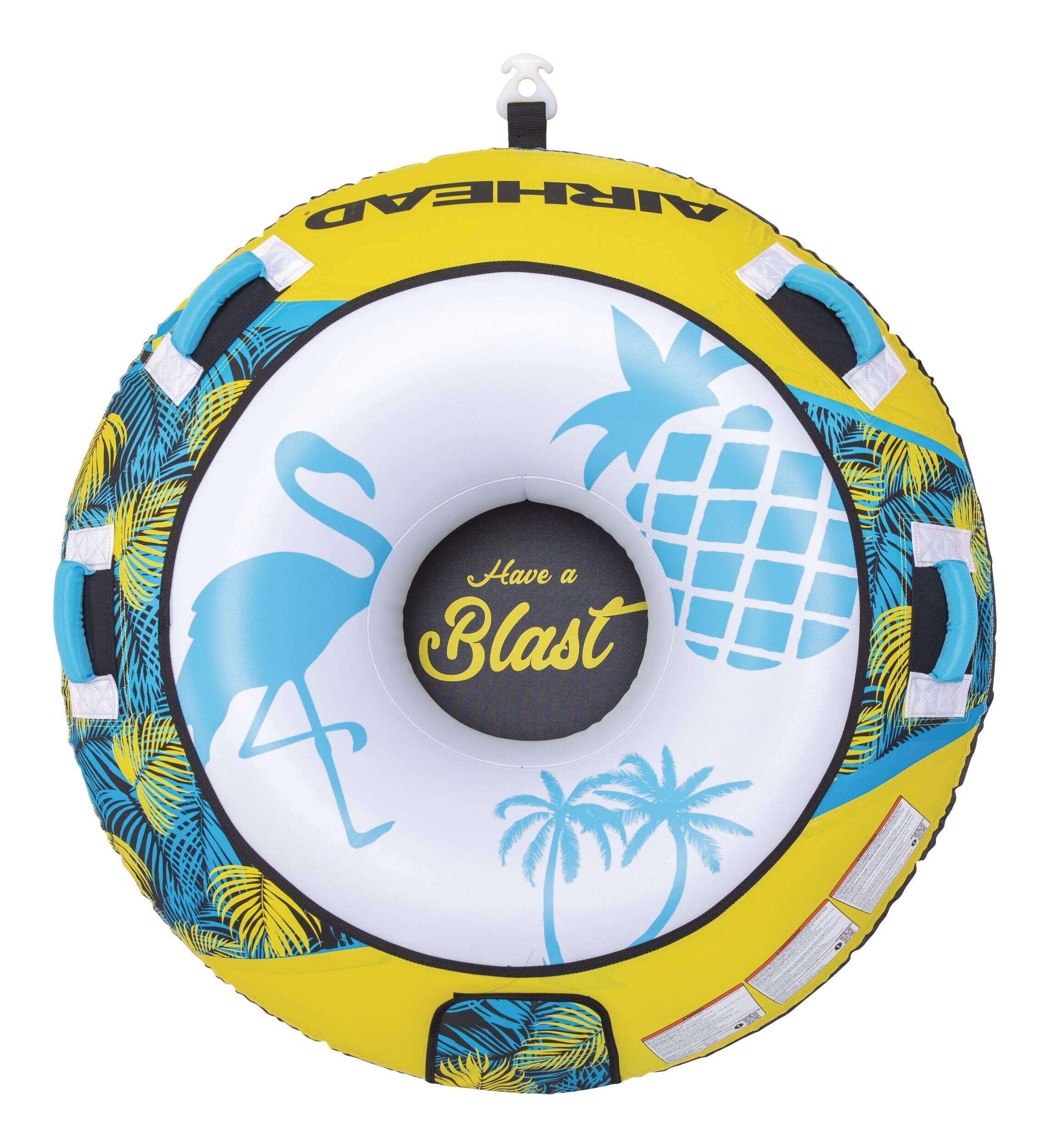 Airhead Blast Inflatable Water Boating 1-Rider Towable Tube, Blue/Yellow Overhead_Flat