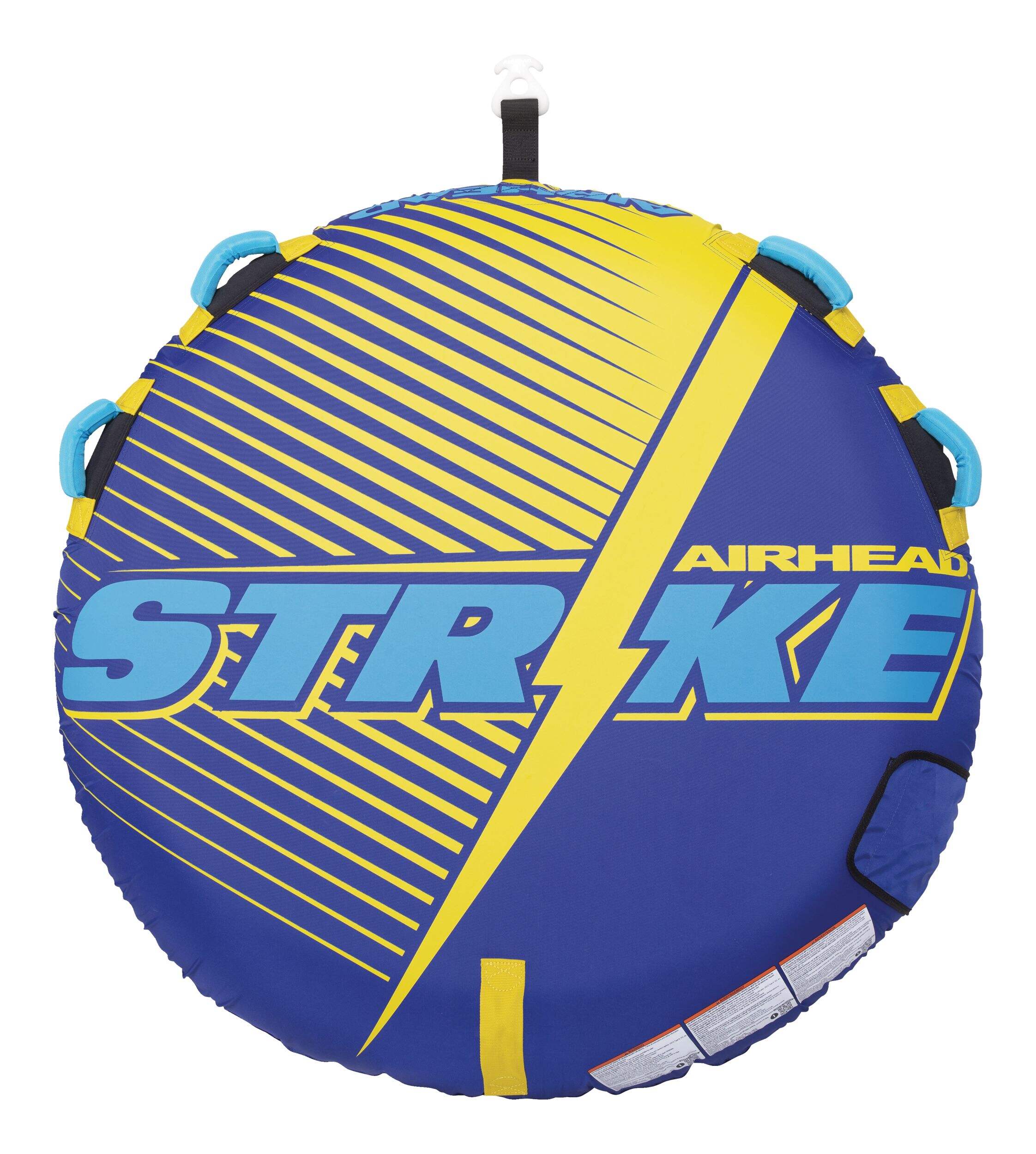 Bouée tractable gonflable pour 1 passager pompes à air Airhead Strike, bleu/jaune Front_Flat