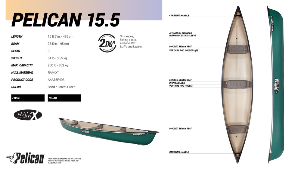 Pelican AAA15P406 3Person Canoe, Green, 15.5ft Canadian Tire