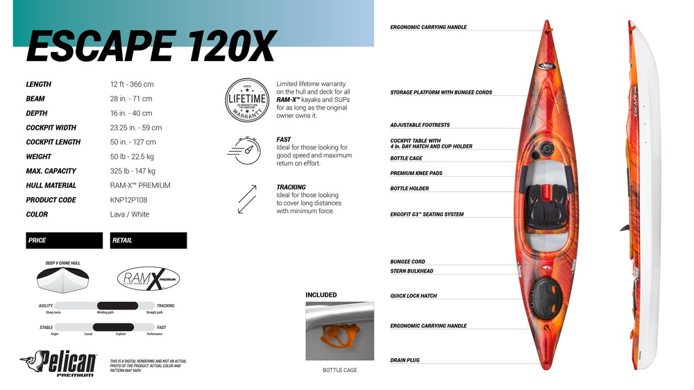Pelican Escape 120 Performance 1Person Kayak, Lava/White, 12ft