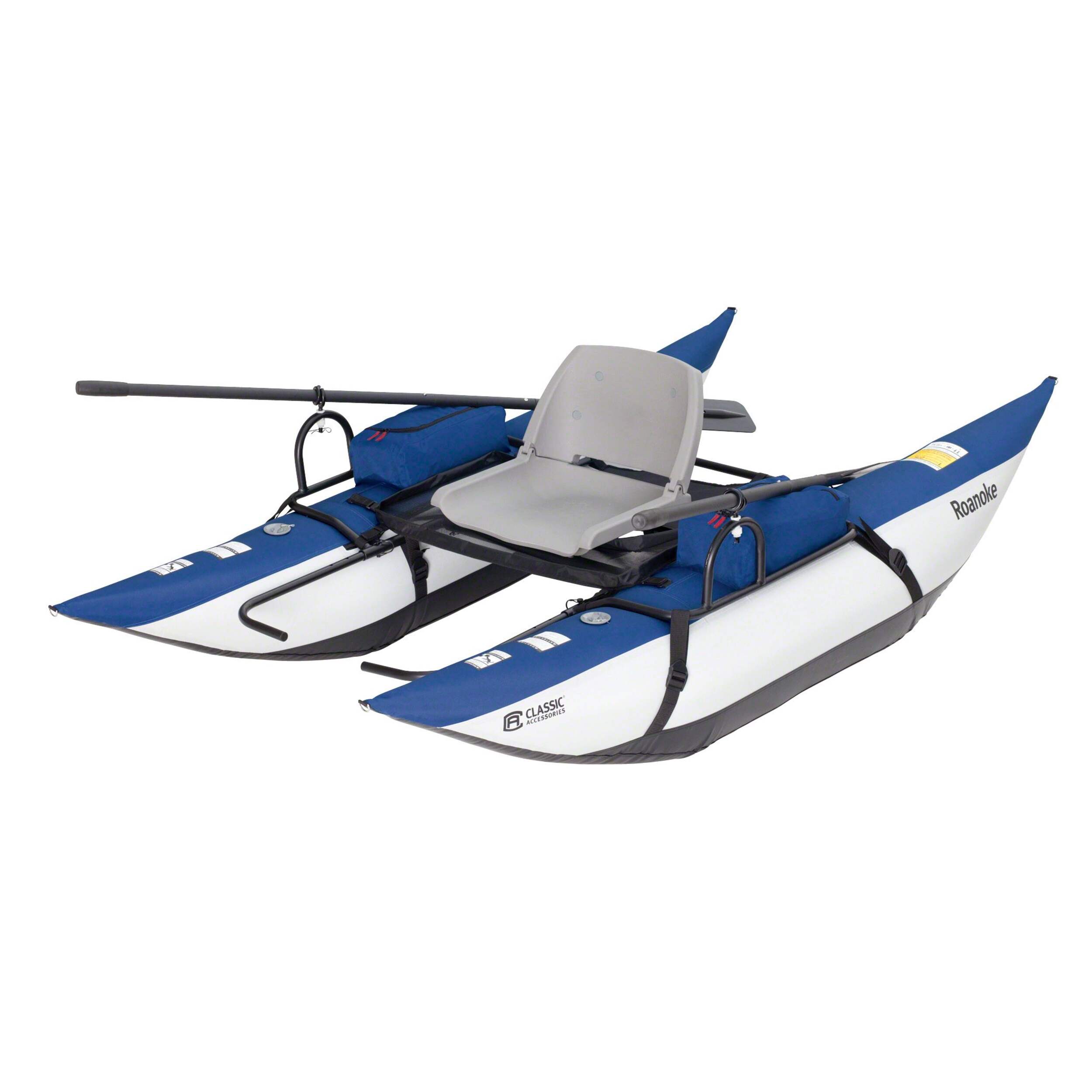 Roanoke 1-Person Inflatable Fishing Pontoon Boat with Steel Tube Frame & Armrest Storage, Blue Front_Three_Fourths_Angled_Left