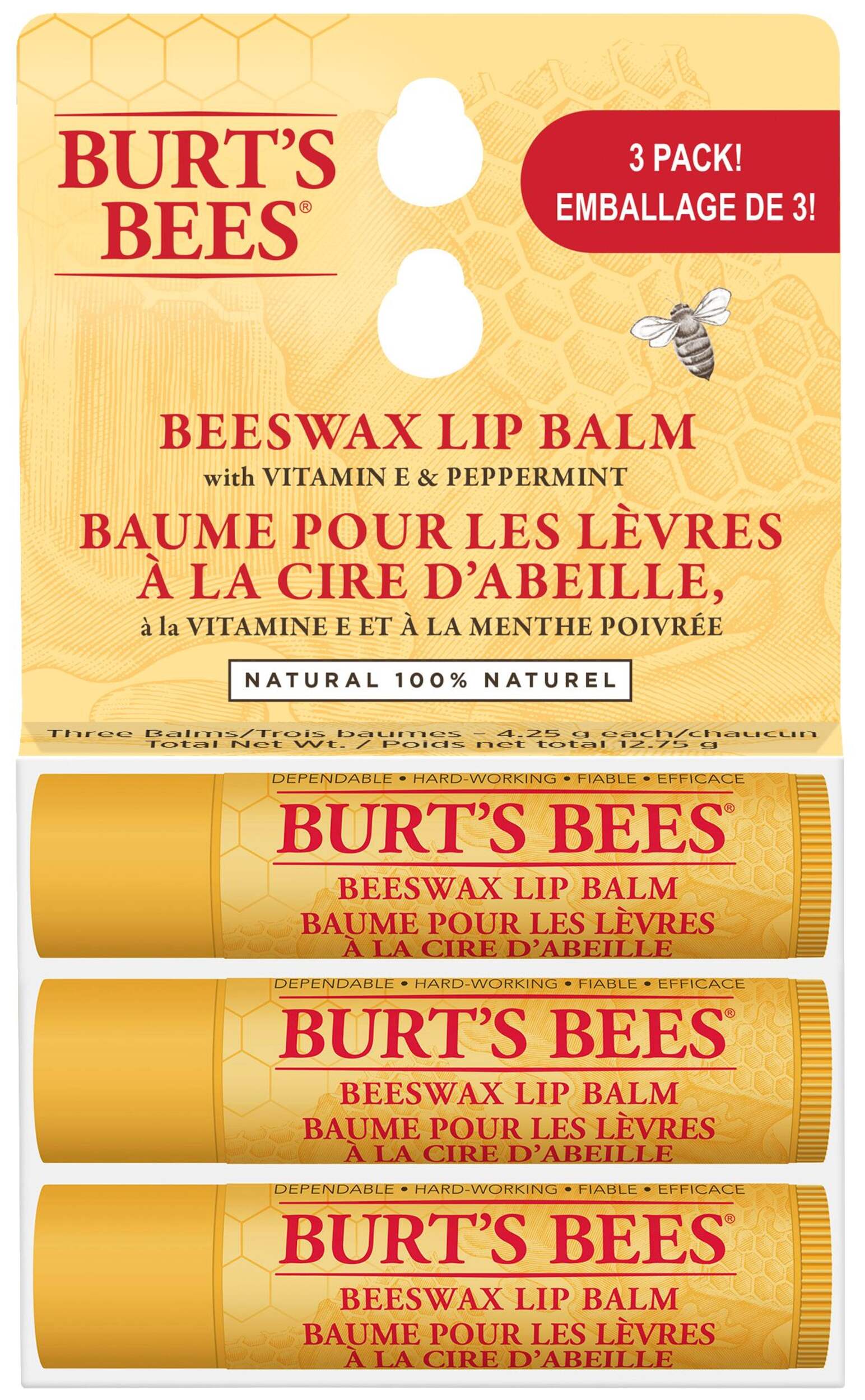 Burt's Bees Beeswax Lip Balm with Vitamin E & Peppermint, 3-pk Front_Flat