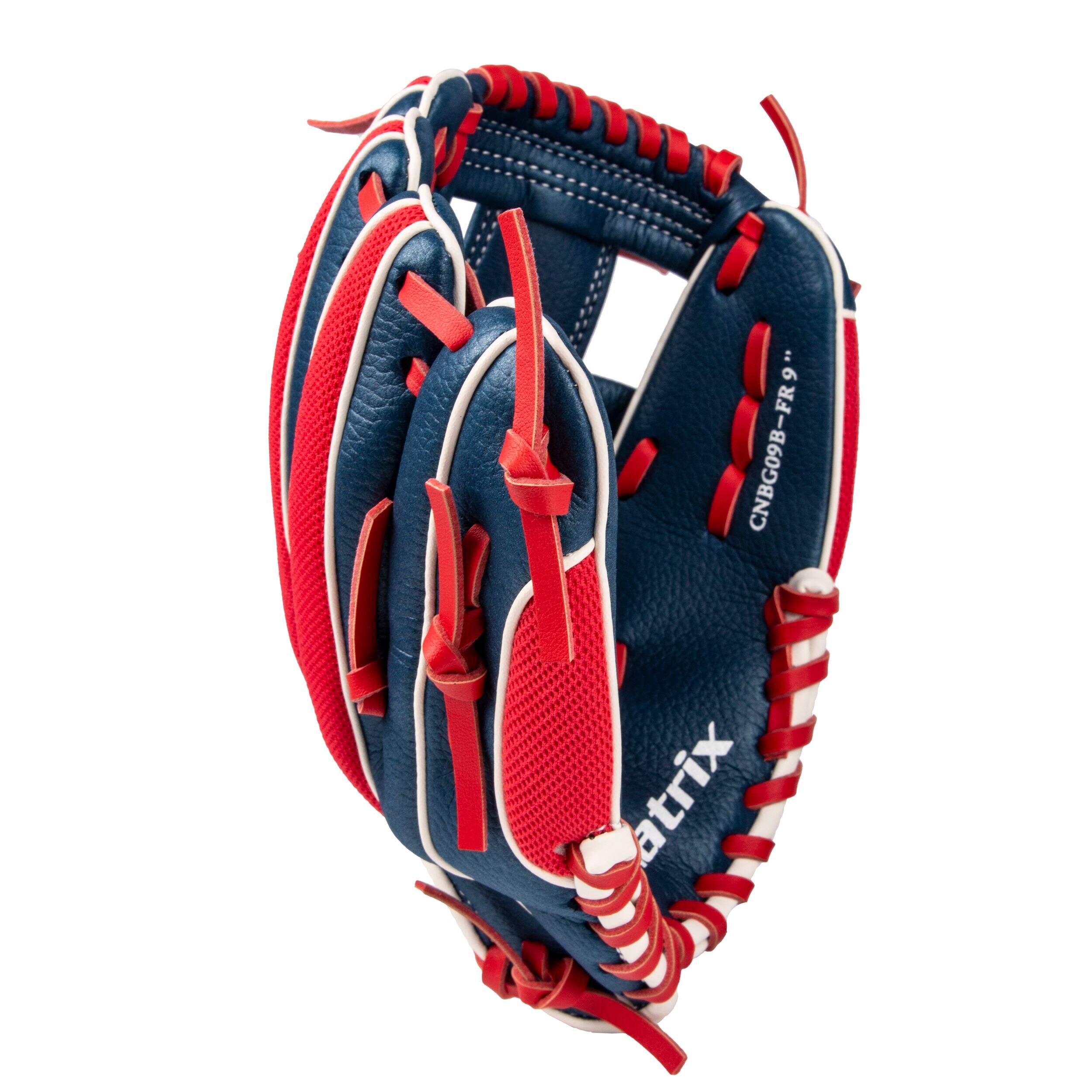 Matrix Youth Fielding Glove, Blue/Red, 9-inch, Left-Hand Throw Front_Three_Fourths_Angled_Right