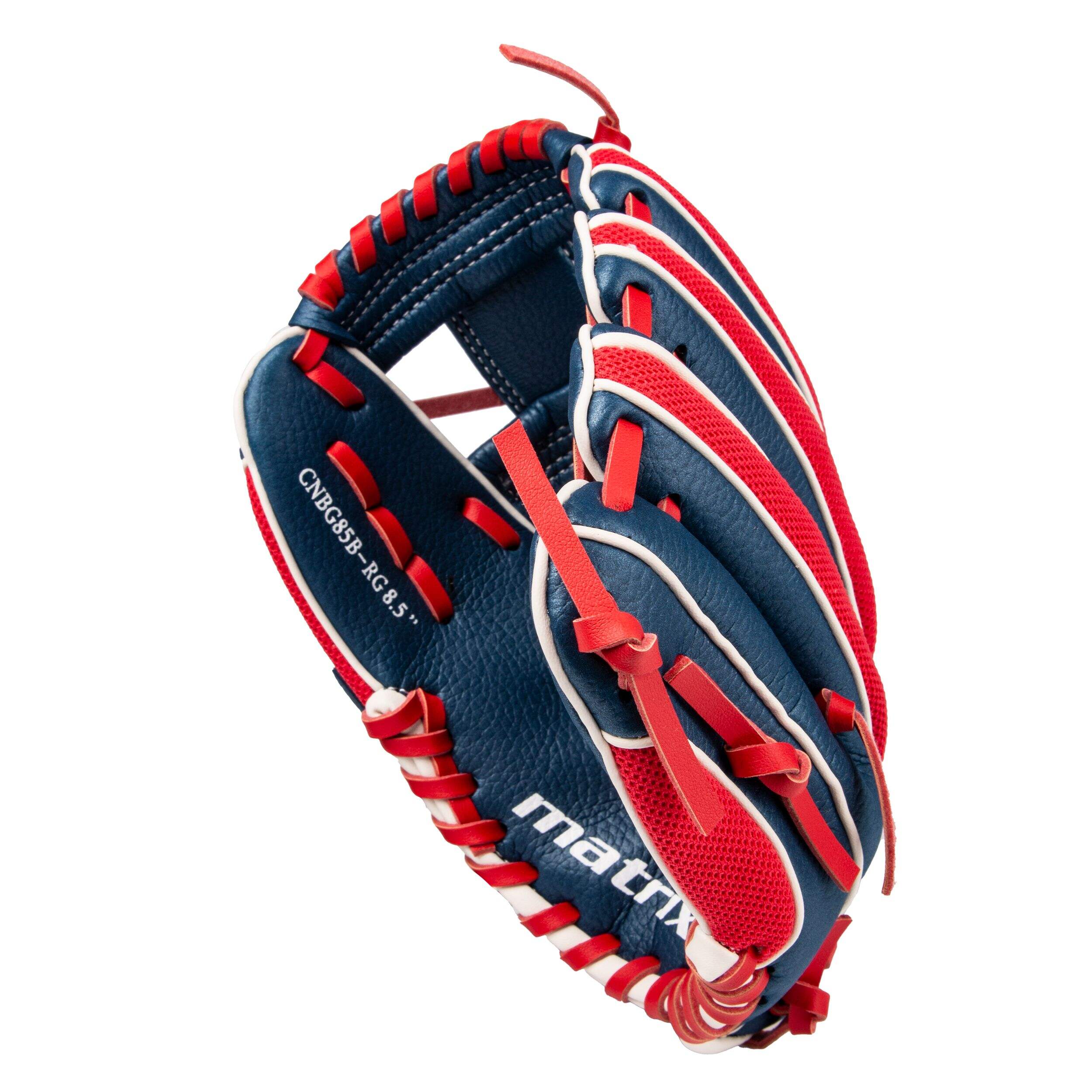Matrix Youth Baseball Fielding Glove, Blue/Red, 8.5-inch, Right-Hand Throw Front_Three_Fourths_Angled_Left