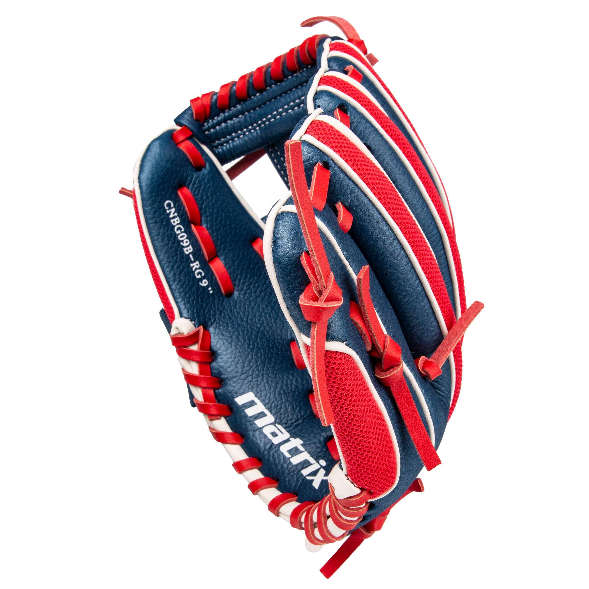 Matrix Youth Baseball Fielding Glove, Blue/Red, 9-inch, Right-Hand Throw Front_Three_Fourths_Angled_Left
