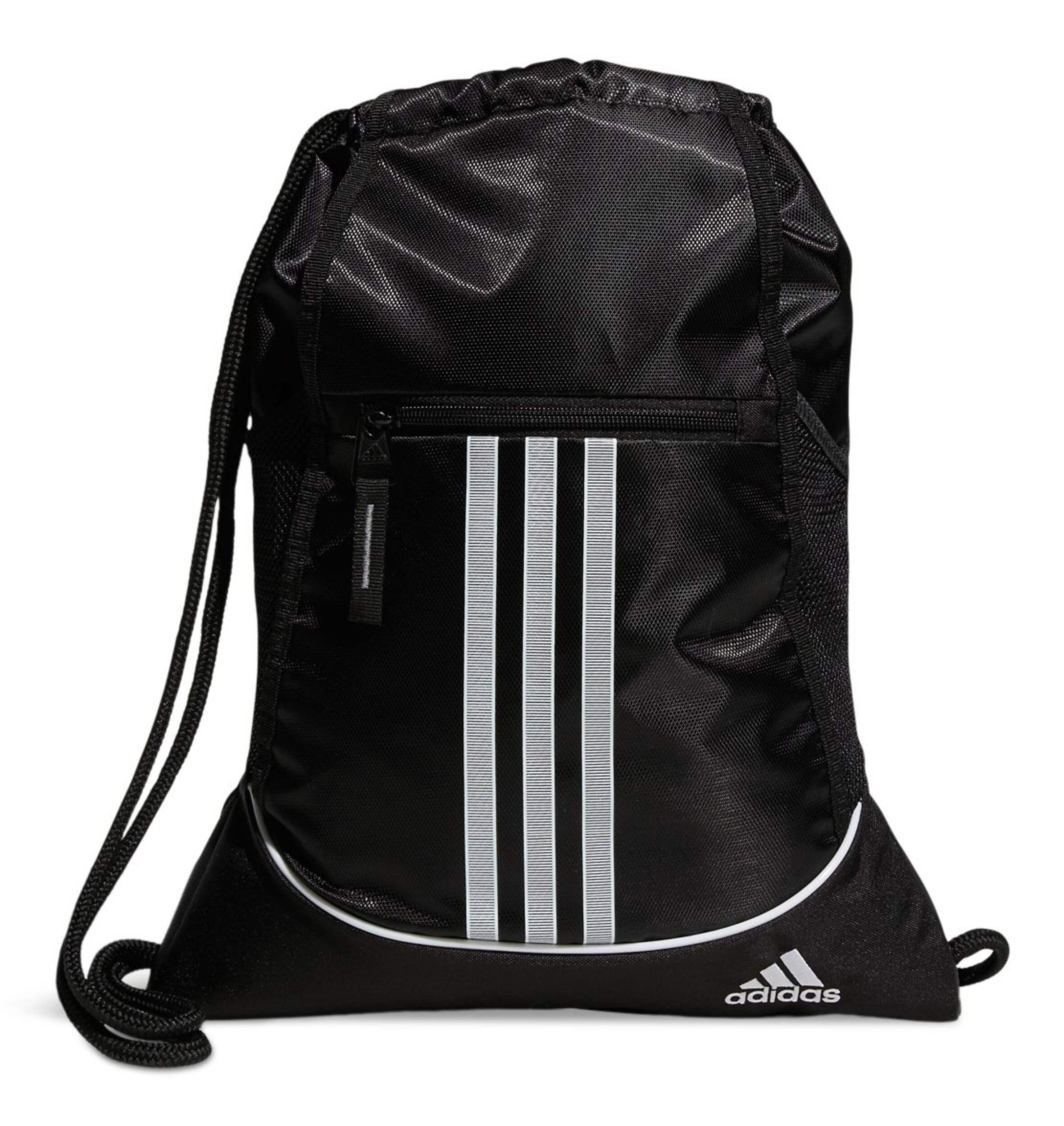 Adidas Alliance Gym Sport Sackpack Bag w/ Drawstring Backpack Carry Straps & Pockets, Black Front_Flat