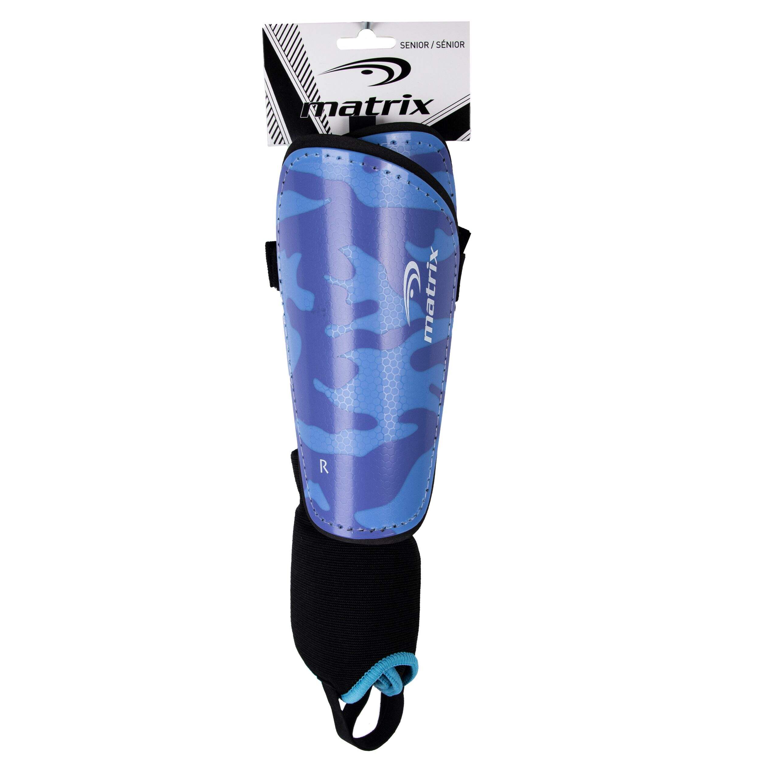 Matrix Junior Kids' Soccer Shin Guards w/ Adjustable Elastic Straps, Blue/Purple Front_Flat