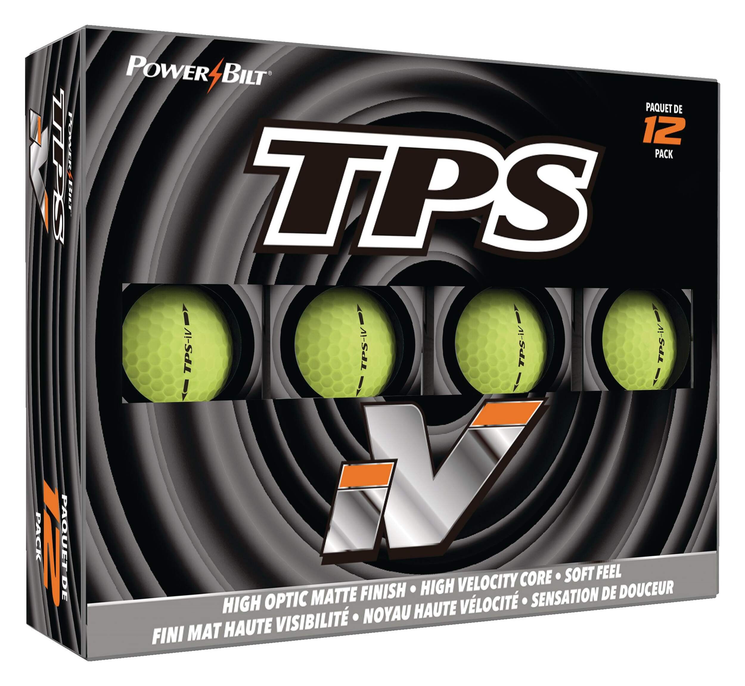 PowerBilt TPS iV High Vis Golf Balls, Matte Yellow, 12-pk Front_Angled_Right